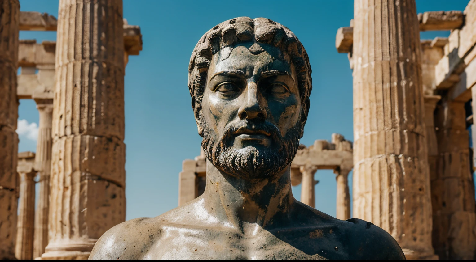 Ancient Stoic Statue With Very Angry Expression, tem barba, muitos detalhes em ambos os olhos, Outside, fundo atenas grego, open sky, com rosto extremamente detalhado full body view, Colors with low saturation with dark tone, Filmado em Sony A7S III com Sony FE 35mm f/1.8, 12.1 MP, --AR 3:2 --estilo cru