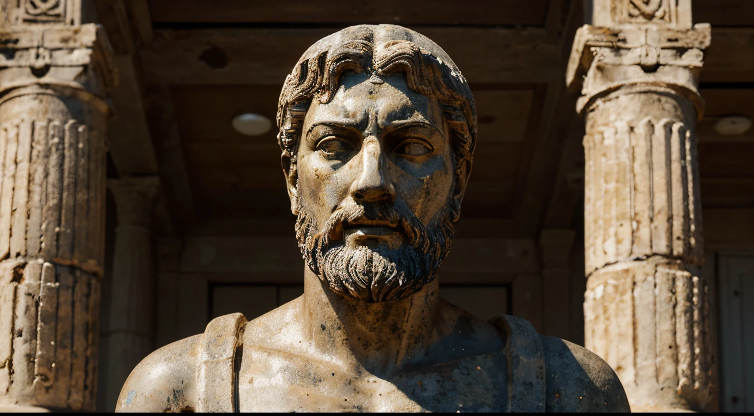 Ancient Stoic Statue With Very Angry Expression, tem barba, muitos detalhes em ambos os olhos, Outside, fundo atenas grego, open sky, com rosto extremamente detalhado full body view, Colors with low saturation with dark tone, Filmado em Sony A7S III com Sony FE 35mm f/1.8, 12.1 MP, --AR 3:2 --estilo cru