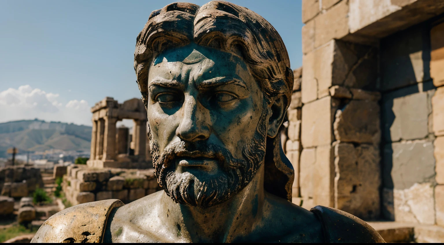 Ancient Stoic Statue With Very Angry Expression, tem barba, muitos detalhes em ambos os olhos, Outside, fundo atenas grego, open sky, com rosto extremamente detalhado full body view, Colors with low saturation with dark tone, Filmado em Sony A7S III com Sony FE 35mm f/1.8, 12.1 MP, --AR 3:2 --estilo cru