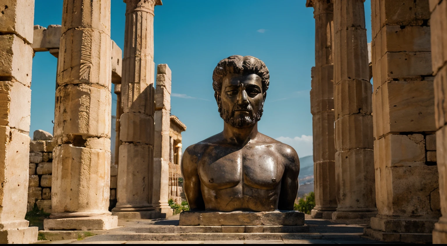 Ancient Stoic Statue With Very Angry Expression, tem barba, muitos detalhes em ambos os olhos, Outside, fundo atenas grego, open sky, com rosto extremamente detalhado full body view, Colors with low saturation with dark tone, Filmado em Sony A7S III com Sony FE 35mm f/1.8, 12.1 MP, --AR 3:2 --estilo cru