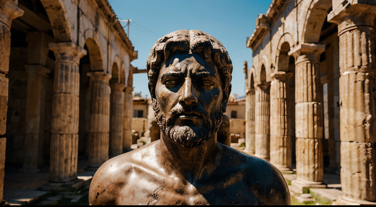 Ancient Stoic Statue With Very Angry Expression, tem barba, muitos detalhes em ambos os olhos, Outside, fundo atenas grego, open sky, com rosto extremamente detalhado full body view, Colors with low saturation with dark tone, Filmado em Sony A7S III com Sony FE 35mm f/1.8, 12.1 MP, --AR 3:2 --estilo cru