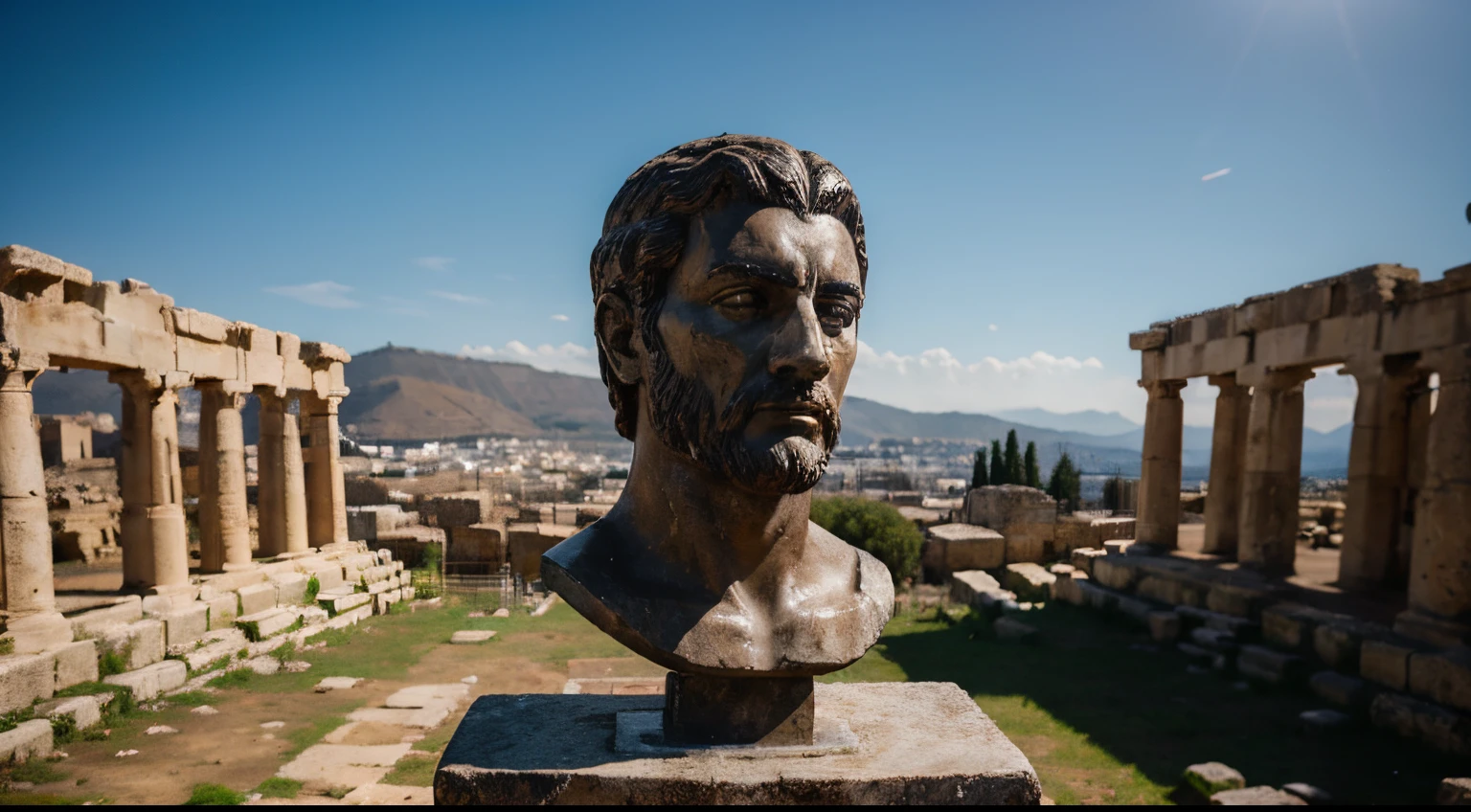 Ancient Stoic Statue With Very Angry Expression, tem barba, muitos detalhes em ambos os olhos, Outside, fundo atenas grego, open sky, com rosto extremamente detalhado full body view, Colors with low saturation with dark tone, Filmado em Sony A7S III com Sony FE 35mm f/1.8, 12.1 MP, --AR 3:2 --estilo cru