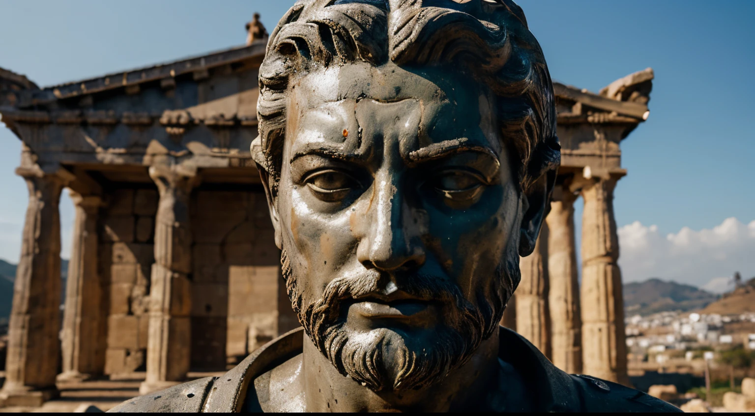 Ancient Stoic Statue With Very Angry Expression, tem barba, muitos detalhes em ambos os olhos, Outside, fundo atenas grego, open sky, com rosto extremamente detalhado full body view, Colors with low saturation with dark tone, Filmado em Sony A7S III com Sony FE 35mm f/1.8, 12.1 MP, --AR 3:2 --estilo cru
