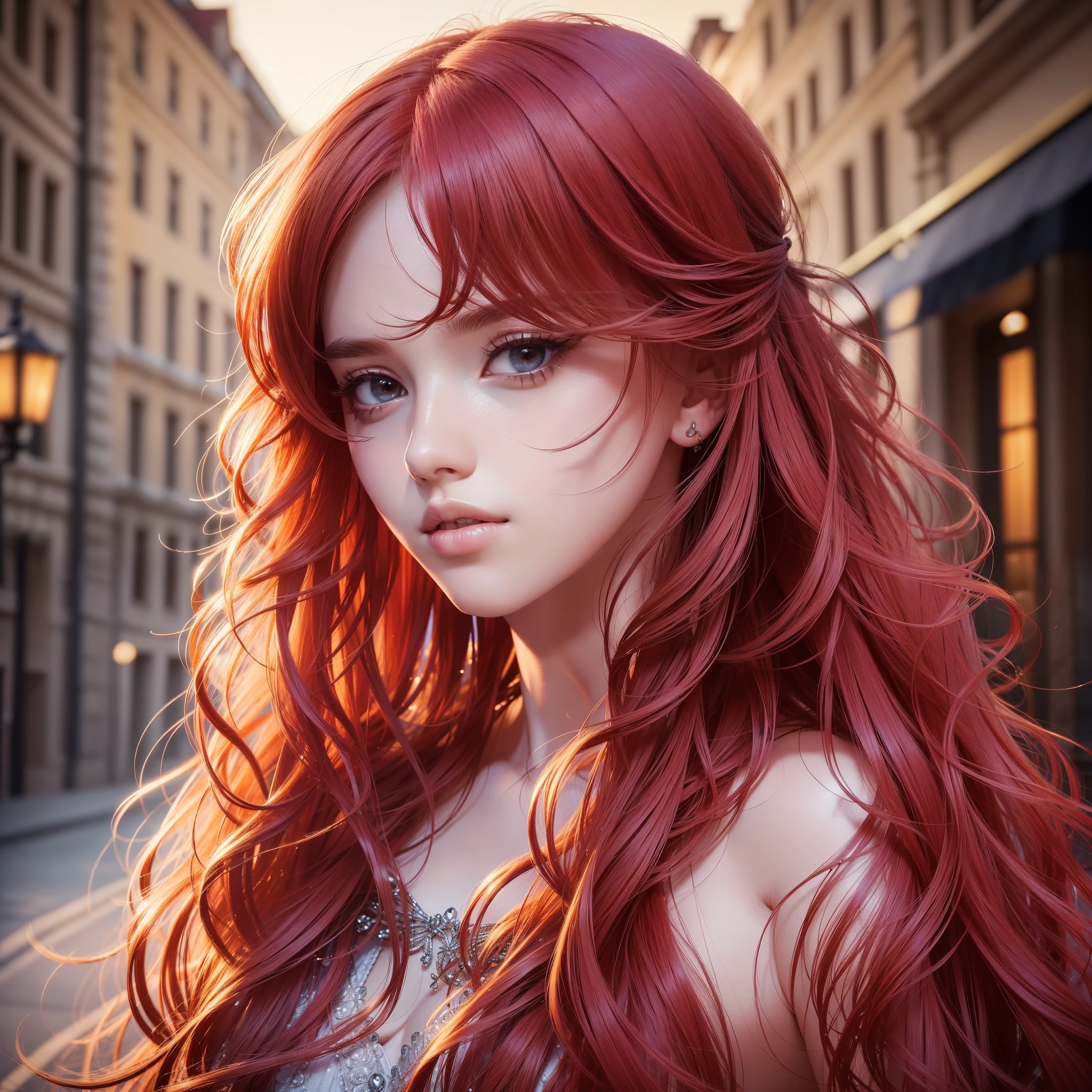 (masterpiece:1.2), (best quality:1.2), night, (looking at viewer), bright skin, outdoors, fringe, long hair, (wavy hair), soft lips, glossy lips, highly detailed, (semi-realistic:1.2), red hair