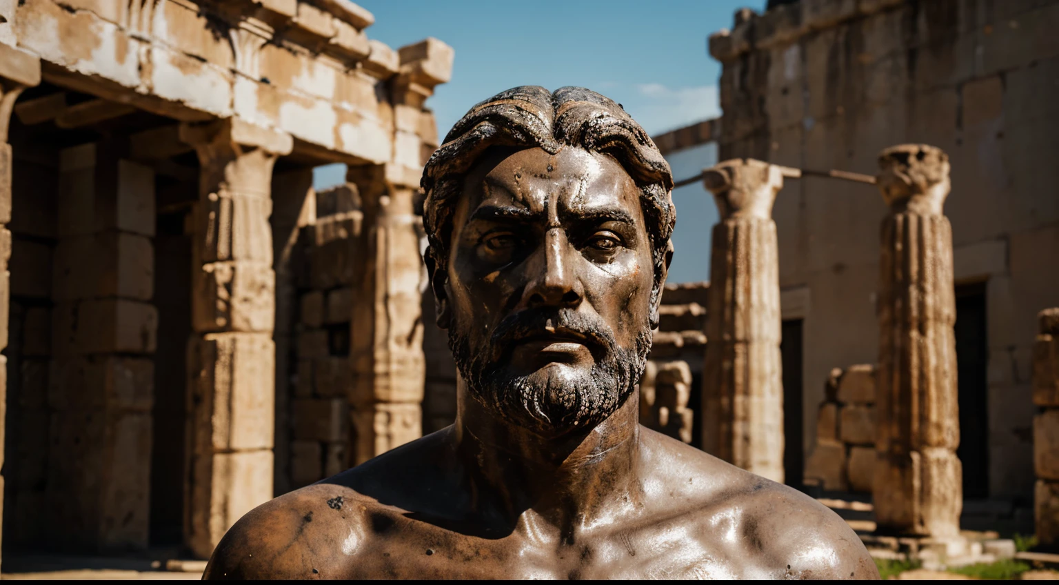 Ancient Stoic Statue With Very Angry Expression, tem barba, muitos detalhes em ambos os olhos, Outside, fundo atenas grego, open sky, com rosto extremamente detalhado full body view, Colors with low saturation with dark tone, Filmado em Sony A7S III com Sony FE 35mm f/1.8, 12.1 MP, --AR 3:2 --estilo cru
