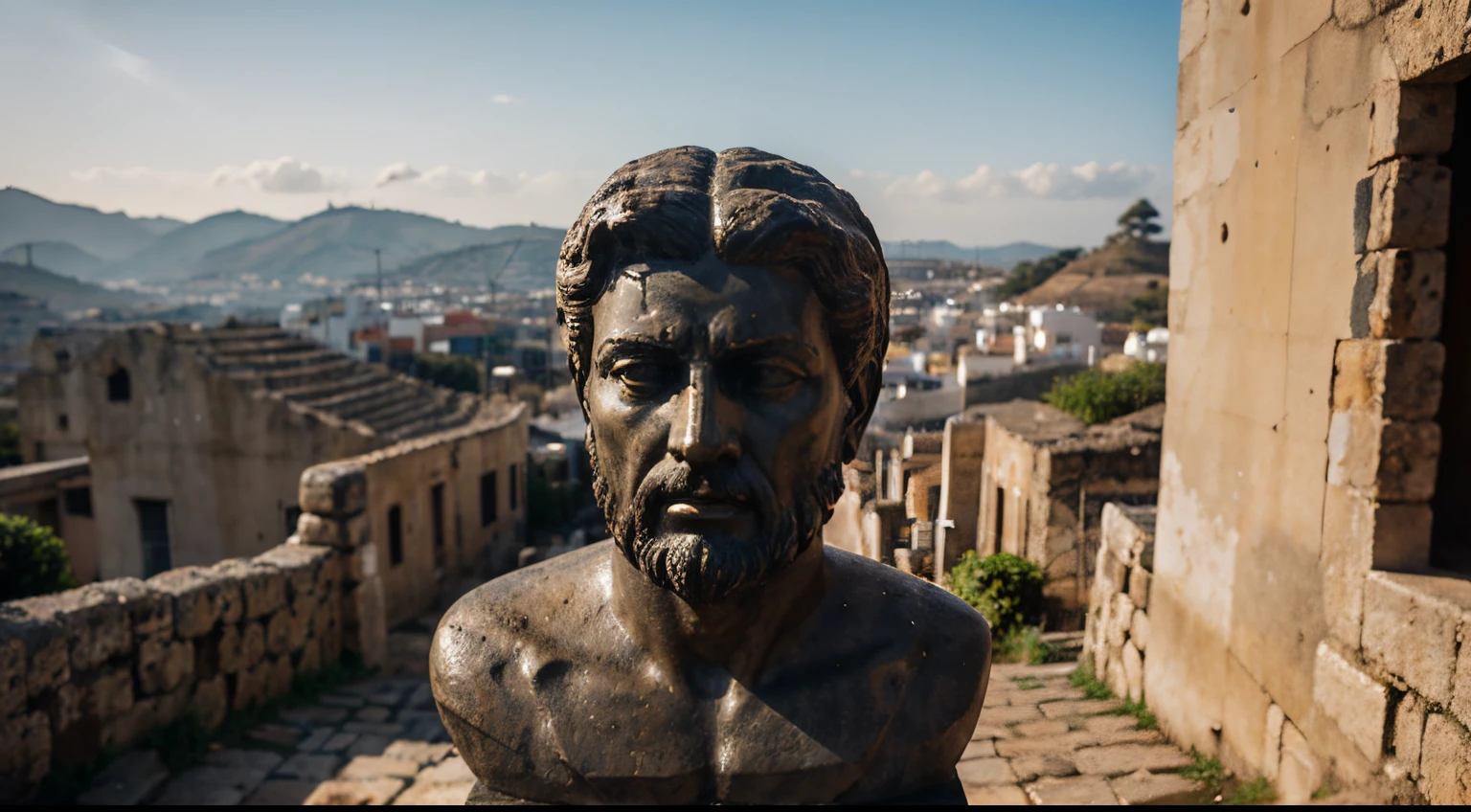 Ancient Stoic Statue With Very Angry Expression, tem barba, muitos detalhes em ambos os olhos, Outside, fundo atenas grego, open sky, com rosto extremamente detalhado full body view, Colors with low saturation with dark tone, Filmado em Sony A7S III com Sony FE 35mm f/1.8, 12.1 MP, --AR 3:2 --estilo cru