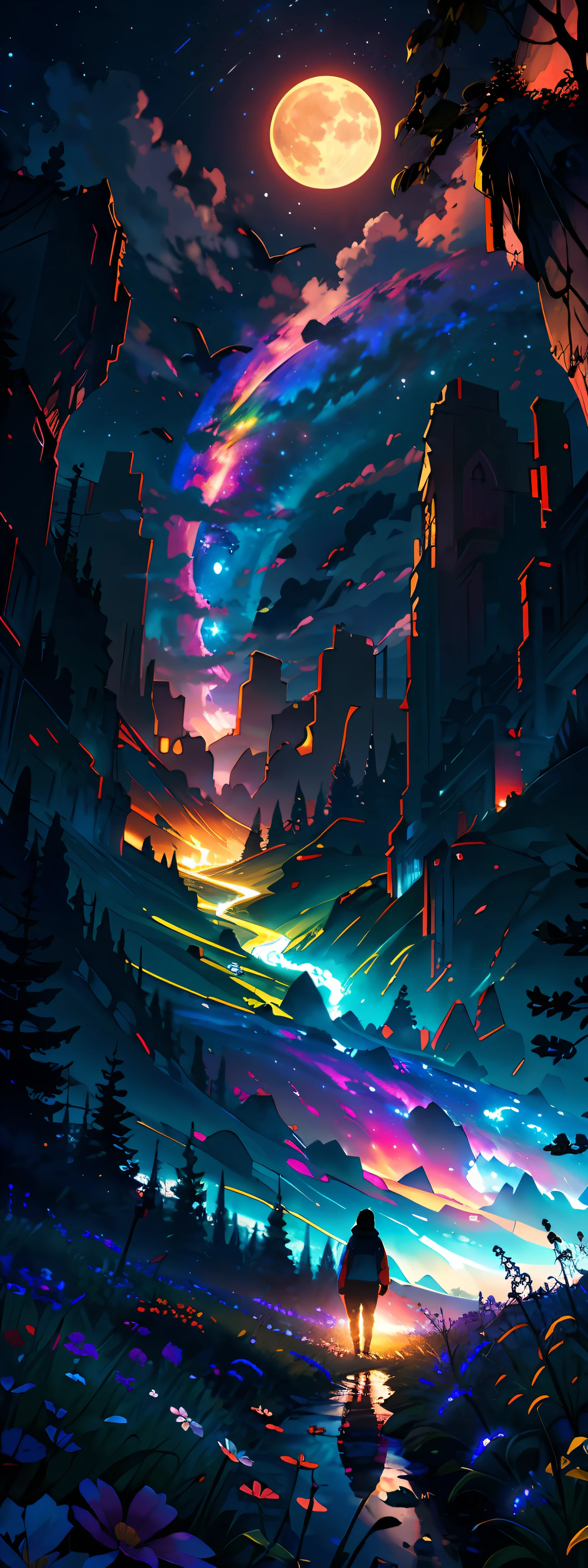 A wide landscape photo, (viewed from below, the sky is above, and the open field is below), a girl standing on a flower field looking up, (full moon: 1.2), (meteor: 0.9), (nebula: 1.3), distant mountains , Trees BREAK Crafting Art, (Warm Light: 1.2), (Firefly: 1.2), Lights, Lots of Purple and Orange, Intricate Details, Volumetric Lighting BREAK (Masterpiece: 1.2), (Best Quality), 4k, Ultra Detailed, (Dynamic Composition: 1.4), Rich in Detail and Color, (Rainbow Color: 1.2), (Glow, Atmospheric Lighting), Dreamy, Magical, (Solo: 1.2)