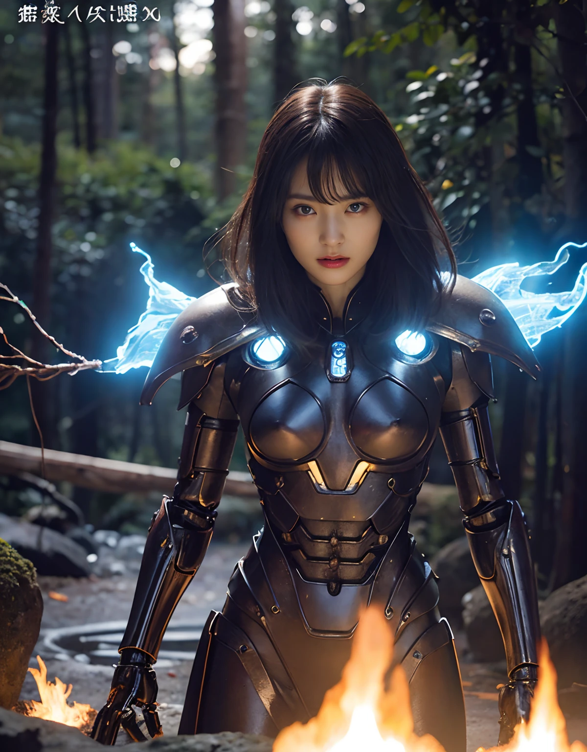 (1 Mechanical Girl)、top-quality、​masterpiece、超A high resolution、(Photorealsitic:1.4)、Raw photo、1人、Fight mutants、glowy skin、(((1 Mechanical Girl)))、With a beautiful knife、（Red Metal Bodysuit）、(Fight goblings、ogre、Fierce battle with orcs),（Fight fiercely against aliens）、Fight fiercely、(beautiful forest background)、(Fighting Demonic Beasts)、(Small LED)、((super realistic details))、portlate、(Strong giant demon beast background),globalillumination、Shadow、octan render、8K、ultrasharp、Colossal tits、Raw skin is exposed in cleavage、metals、Details of complex ornaments、Japan details、highly intricate detail、Realistic light、(Mystical expression),CGSoation Trends、Blue eyes、radiant eyes、Facing the camera、neon details、(Mechanical limbs)、(blood vessels connected to tubes)、(Wires and cables connecting to the head)、Small LED、,Mechanical thighs、Toostock、（Hands are also made of machines）、（Attack of the Monster Beasts）、