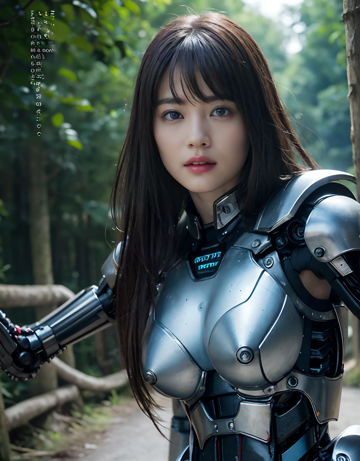 (1 Mechanical Girl)、top-quality、​masterpiece、超A high resolution、(Photorealsitic:1.4)、Raw photo、女の子1人、Fight mutants、glowy skin、(((1 Mechanical Girl)))、With a beautiful knife、（Red Metal Bodysuit）、(Fight goblings、ogre、Fierce battle with orcs),（Fight fiercely against aliens）、Fight fiercely、(beautiful forest background)、(Fighting Demonic Beasts)、(Small LED)、((super realistic details))、portlate、(Strong giant demon beast background),globalillumination、Shadow、octan render、8K、ultrasharp、Colossal tits、Raw skin is exposed in cleavage、metals、Details of complex ornaments、Japan details、highly intricate detail、Realistic light、(Mystical expression),CGSoation Trends、Blue eyes、radiant eyes、Facing the camera、neon details、(Mechanical limbs)、(blood vessels connected to tubes)、(Wires and cables connecting to the head)、Small LED、,Mechanical thighs、Toostock、（Hands are also made of machines）、（Attack of the Monster Beasts）、