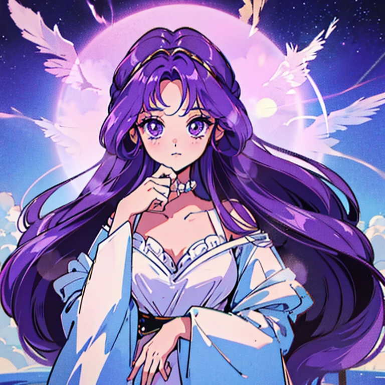 1girl, purple hair, goddess, ethereal, alluring, fluffy, in the clouds, front view