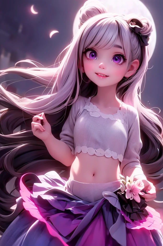 a vampire girl, (showing fang), white hair, purple eyes, glowing eyes, crop top, skirt, parted lips, blush, night, flowers, moon