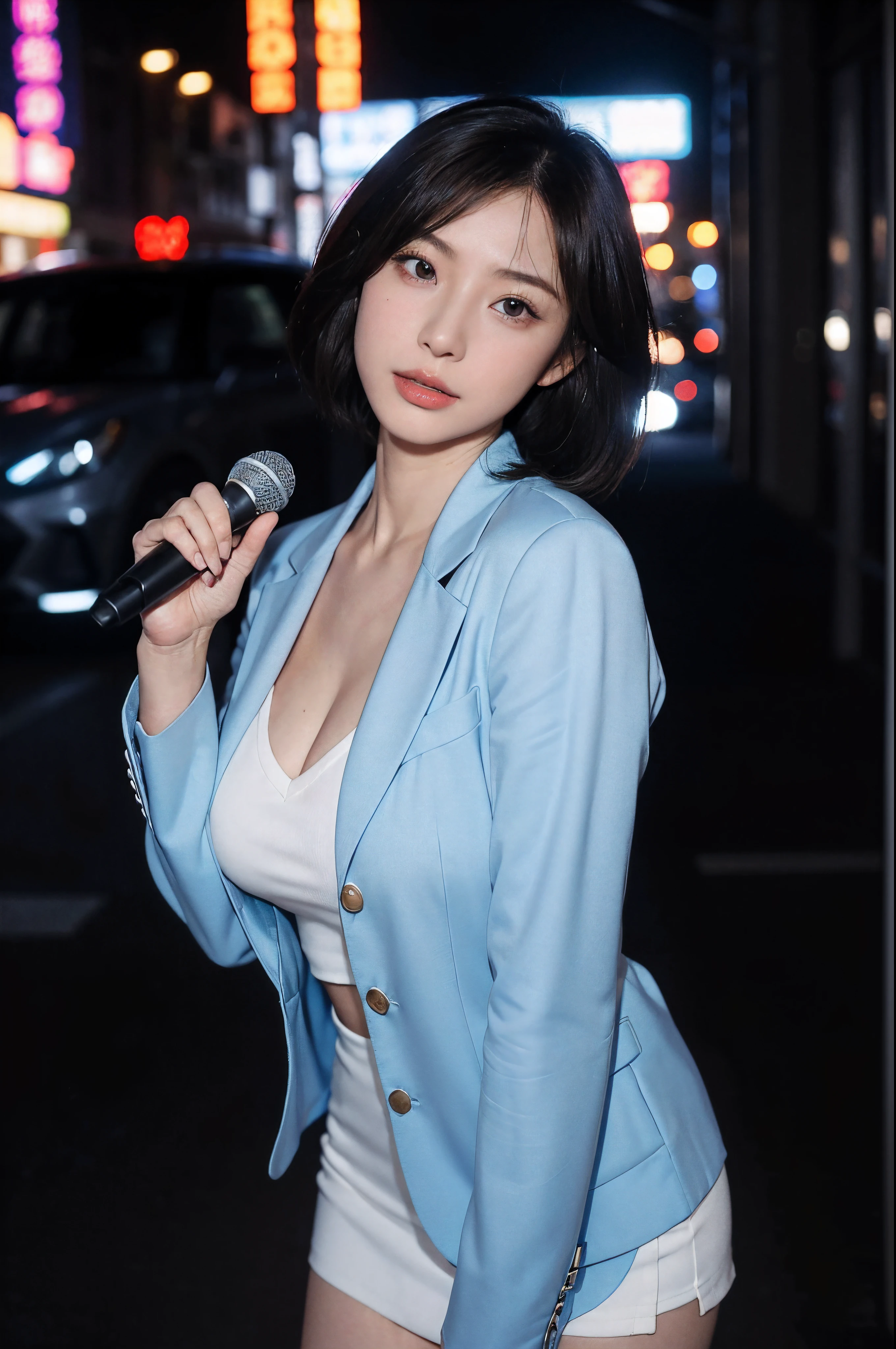 Sexy beautiful announcer、(Solo, 50 years old、hyperdetailed face、Detailed lips、A detailed eye、二重まぶた、Brunette Bob Hair, Light Blue Blazer、White dress shirts、Tight micro mini skirt)、(Holding a microphone in the city to convey the news)、(Glamorous body)、(Colossal tits)、cleavage of the breast、perfect hand, Perfect fingers, perfect chest, Perfect fit, perfect bodies, face perfect, Perfect image realism, 细致背景, detailed costume, Perfect litthing、Hyper-Realism、Photorealsitic、8K maximum resolution, (​masterpiece), ighly detailed, Professional