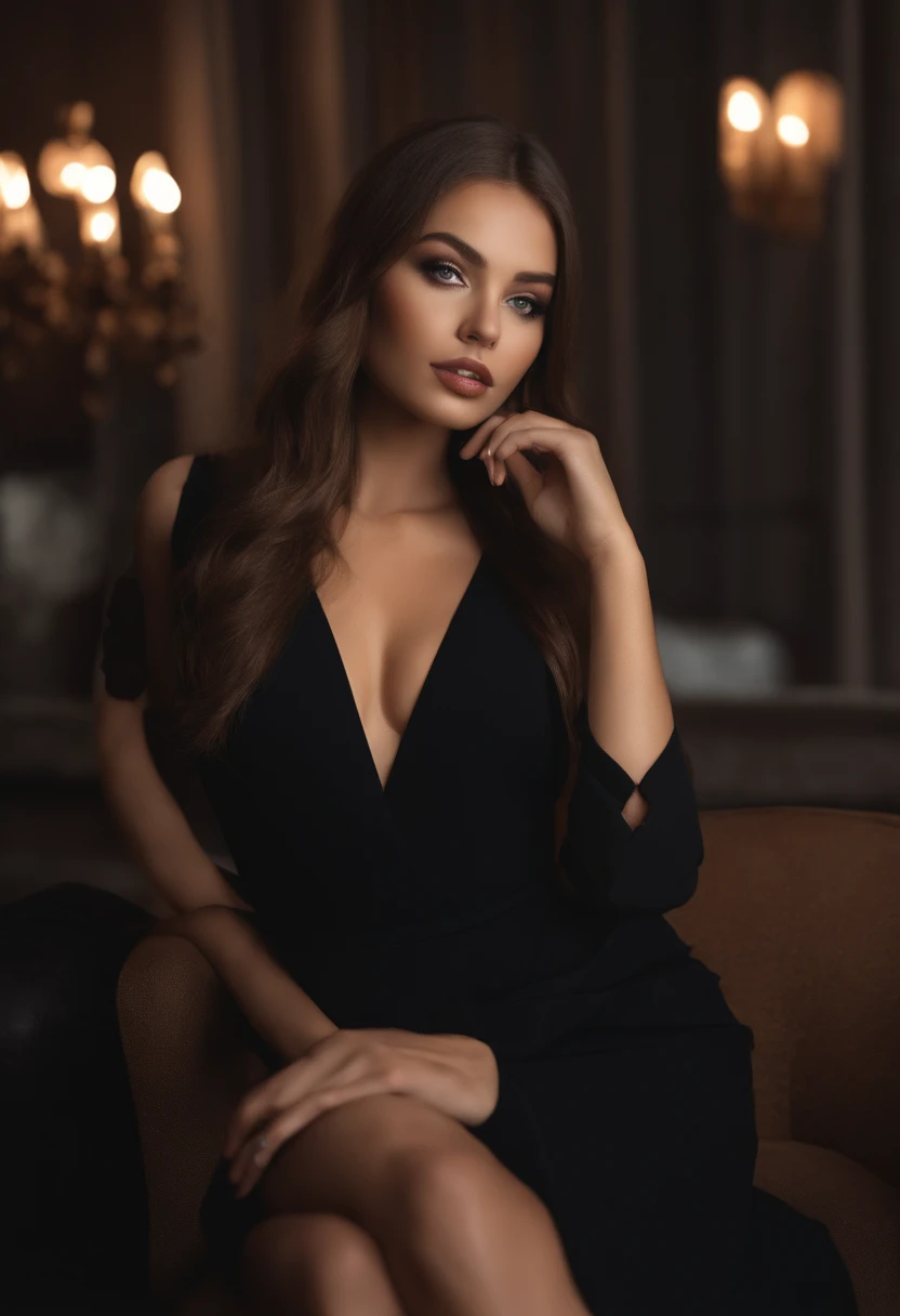 Latino and Swedish Woman, sexy girl with blue eyes, ultra realist, Meticulously detailed, Portrait Sophie Mudd, brown hair and big eyes, selfie of a young woman, high rise background, black suite, with makeup, natural makeup, looking straight at camera , Face with Artgram, Subtle makeup, Great photo of the whole body standing, in the room, Medium to large bust, in a sexy black outfit, standing on straight