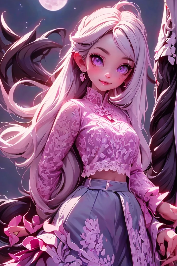 a vampire girl, (showing fang), white hair, purple eyes, glowing eyes, lace crop top, skirt, parted lips, blush, night, flowers, moon