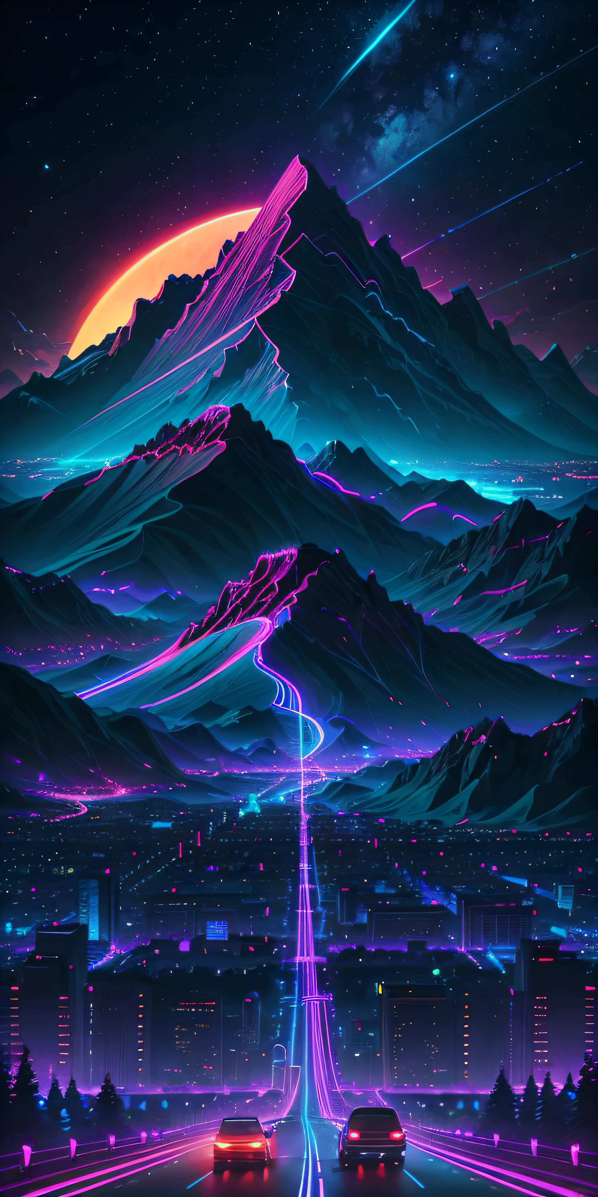 retro wave, road, city, purple and blue neon lights, sun, mountain, night sky, futuristic, 
(masterpiece, ultra detailed, high resolution)