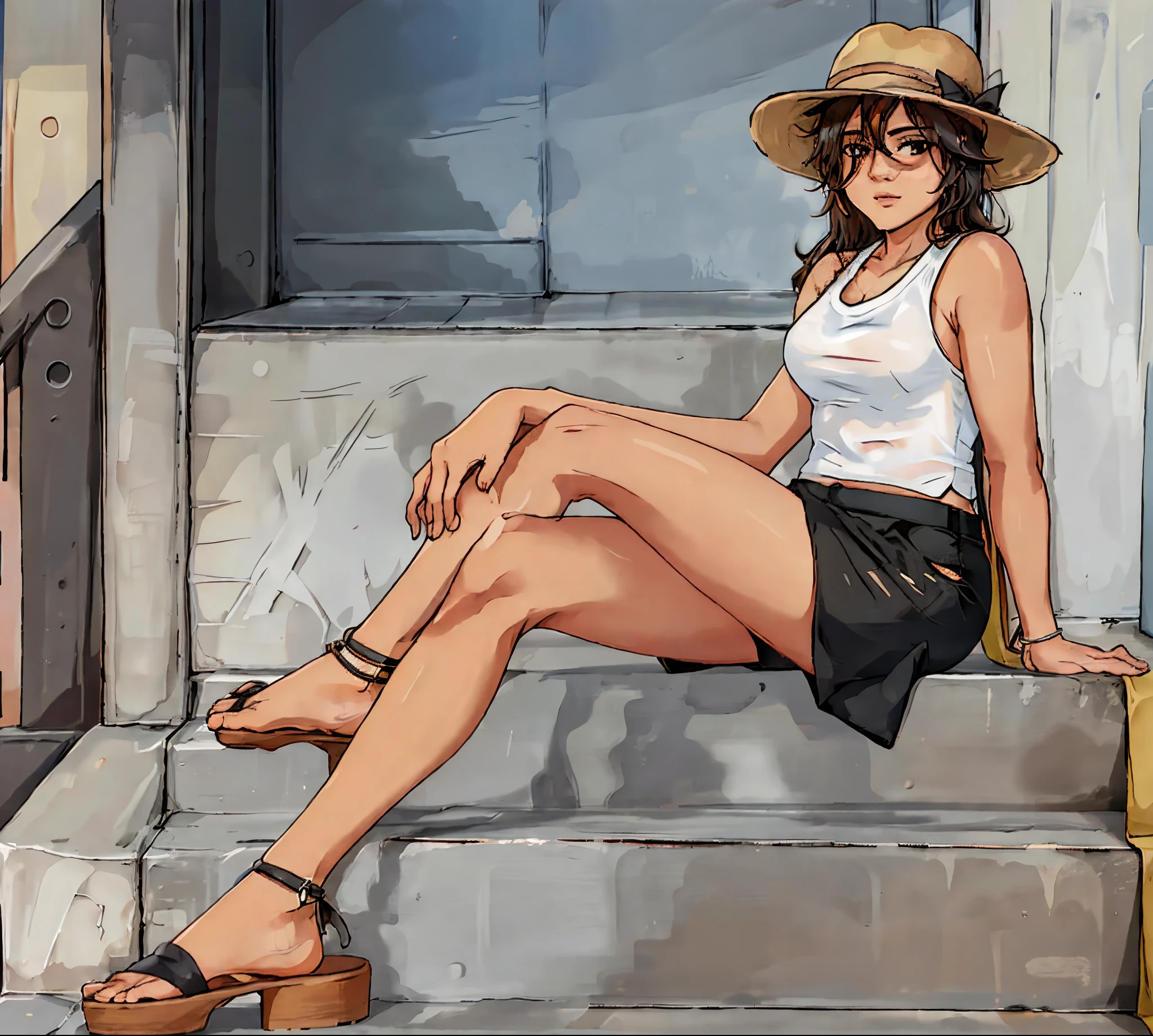 woman sitting on steps with hat and sunglasses on, 50-year-old woman from panama, tan skin a white tank top tee shirt and black shorts, l, barefoot in sandals, toned legs, perfectly poised, with brown skin, wearing a toga style sandals, wearing panama style wide brimmed hat