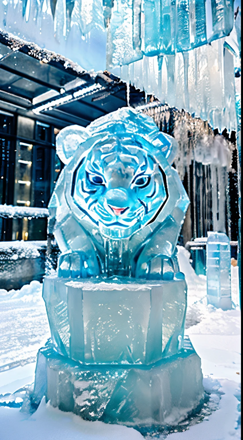 8K、Top image quality、masutepiece、top-quality、A hyper-realistic、Photorealsitic、Ice sculpture、Thang Long、Sculpture of a tiger made of ice、Chipping away at icicles、The pedestal is also ice、At the party venue