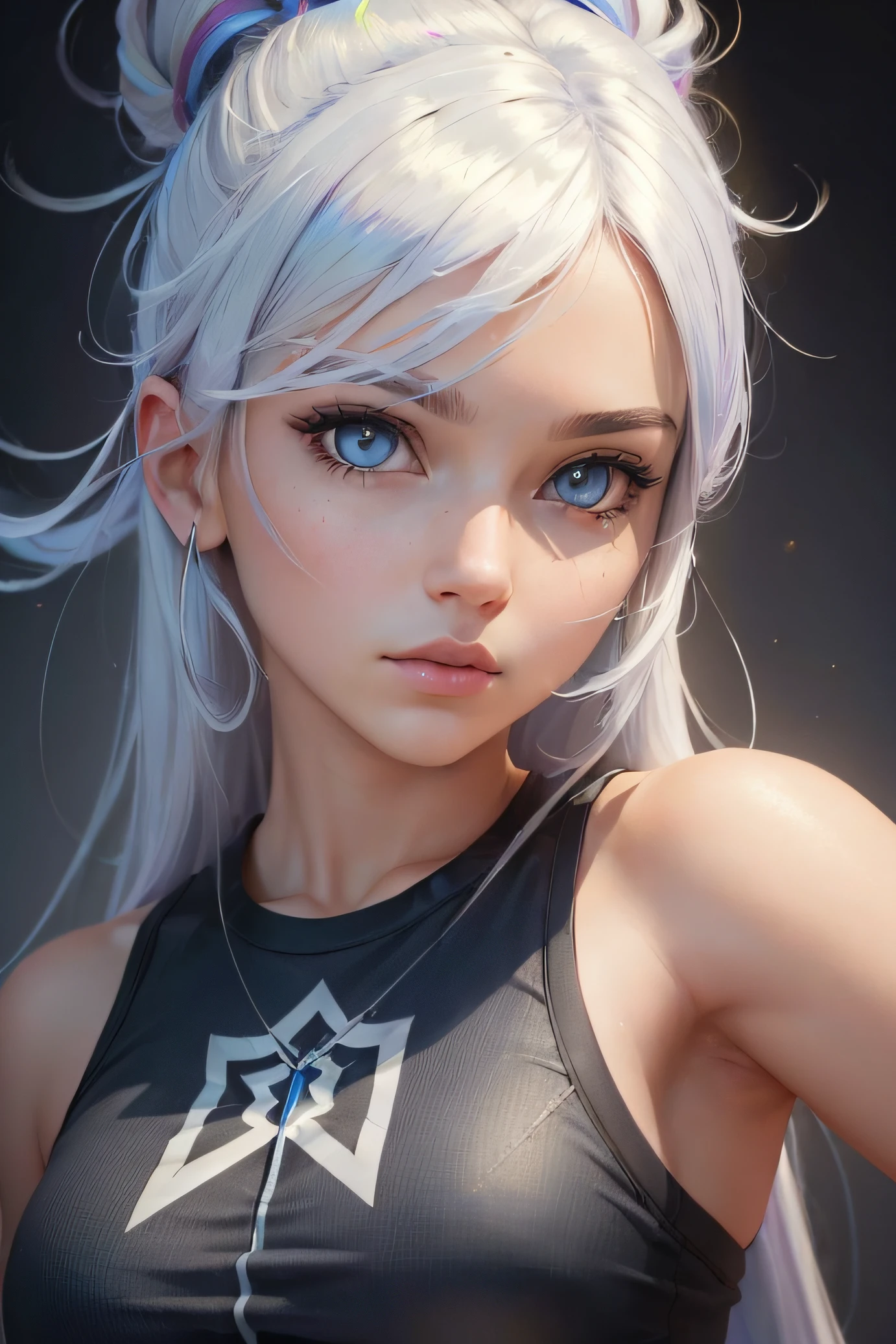 ((high quality, masterpiece:1.4)), 1girl, upper body, gym clothes, white hair, rainbow colored hair, gradient hair, pretty face, beautiful face, beautiful eyes, beautiful girl, pretty girl, perfect facial shape, absurdres, realistic proportions, dynamic pose, high details, intricate, intricate details, realistic eyes, realistic eye proportions, sharp focus, 32k, realistic lighting, extreme details, realistic pupils, realistic proportion eyes, realistic proportions pupils, realistic shadows, evafie