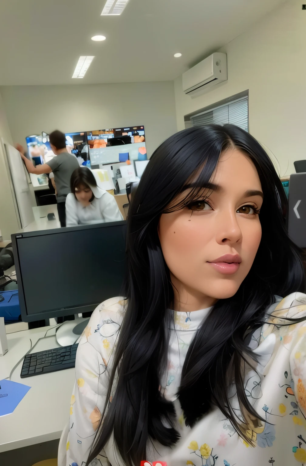 Mulher branca linda de cabelo negro escuro solto,bem vestida, olhos escuros, fazendo selfie com o celular,sozinha at office, estilo Disney pixar
