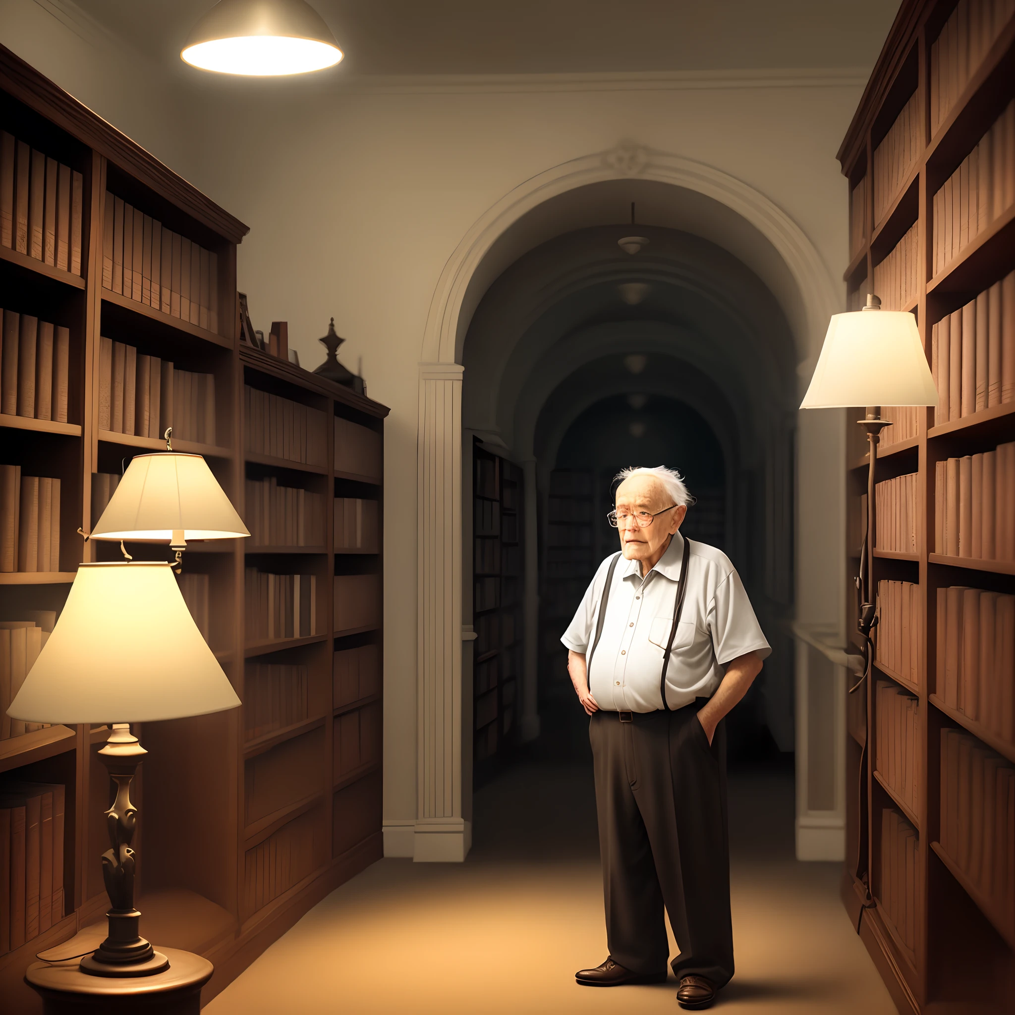 A wise old man standing in front, illuminated by the light of a lamp, against the backdrop of a library