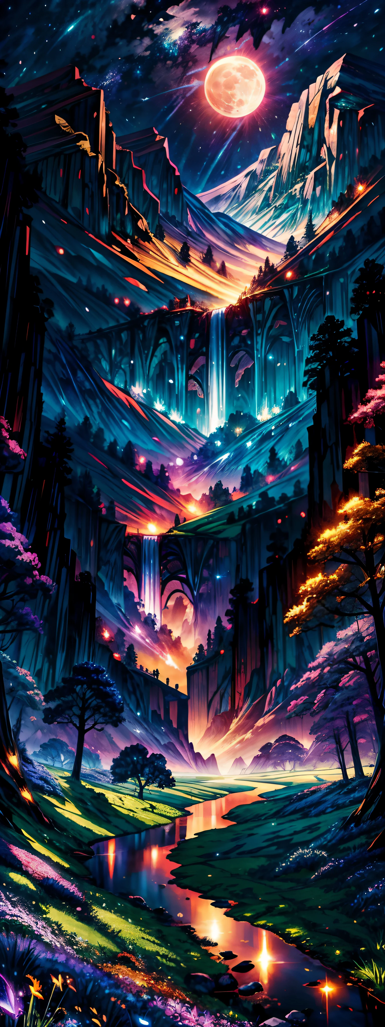 Vast landscape photos , (a view from below that shows sky above and open field below), Cat standing in a flower field in the foreground and looking up at the sky, (fullmoon:1.2), ( shooting stars:0.9), (nebulas:1.3), distant mountain, Tree Break Production Art, (Warm light source:1.2), (firefly:1.2), apples, lot of purple and orange, Intricate details, Volumetric Lighting BREAK (masutepiece:1.2), (Best Quality), 4K, Ultra-detailed, (dynamic compositions:1.4), Highly detailed, Colorful Detail,( Iridescent colors:1.2), (Glowing lighting, Atmospheric lighting), Dreamy, Magical, (Solo:1.2