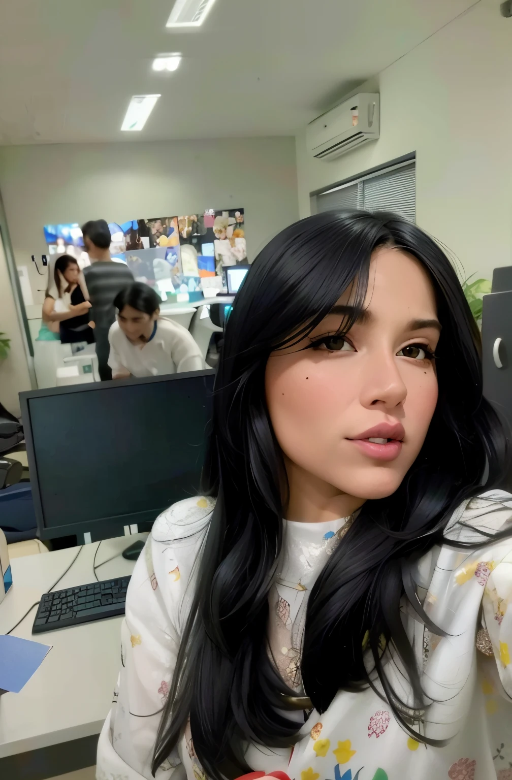 Mulher branca linda de cabelo negro escuro solto,bem vestida, olhos escuros, fazendo selfie com o celular,sozinha at office, estilo Disney pixar