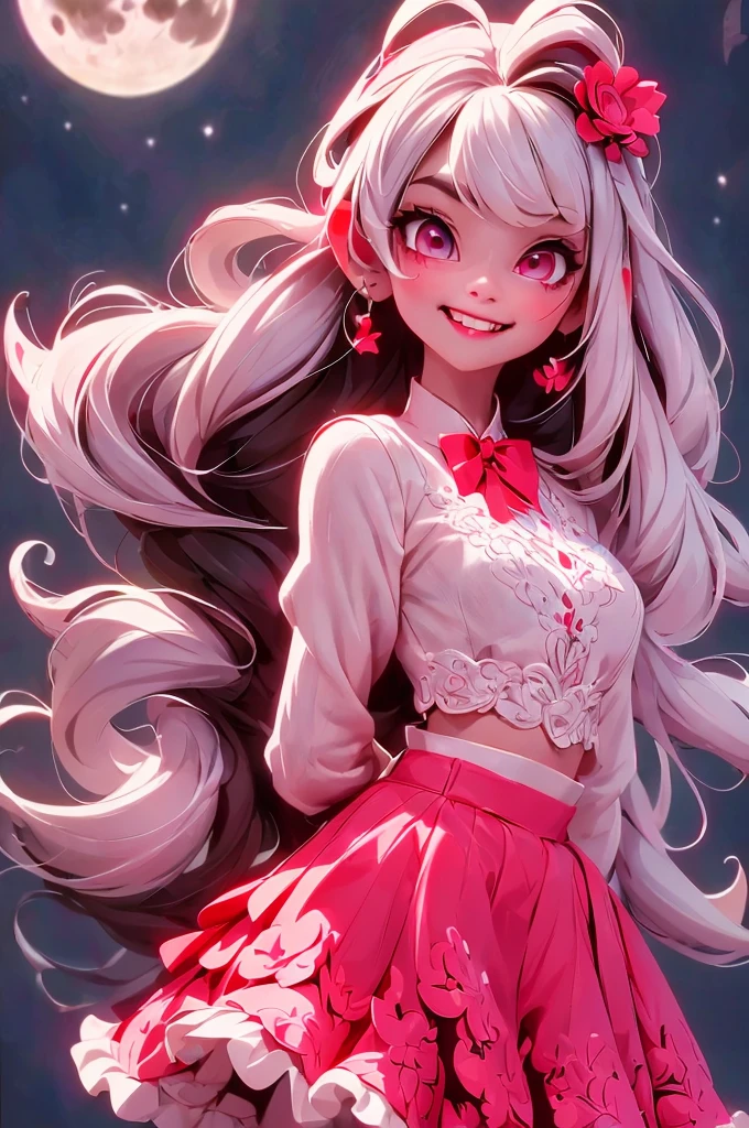a vampire girl smiling, ((showing fang)), white hair, red eyes, glowing eyes, white lace crop top, (skirt), blush, night, flowers, moon