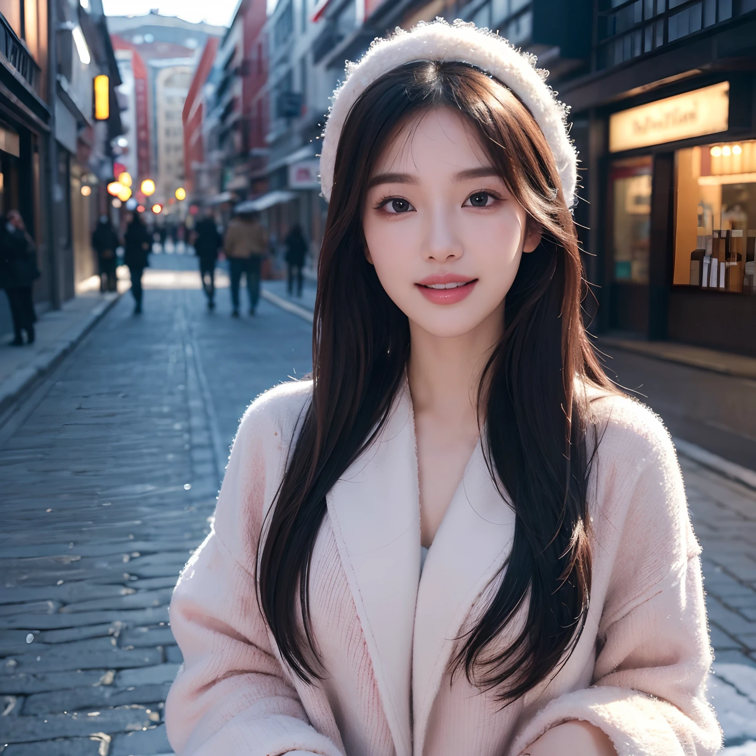 (Best quality,16k,A high resolution,Masterpiece:1.2),Ultra-detailed,(Realistic,Photorealistic,photo-realistic:1.37),Korean fashion beauty,Japanese and Korean beauties,cute and innocent,Detailed eyes and face,beautiful detailed lips,Long eyelashes,slimification,fashionable, big smile with teeth, (Lovely,Charming:1.1), winter, winter street background,Stylish clothes and accessories, Vivid colors, Fading lights