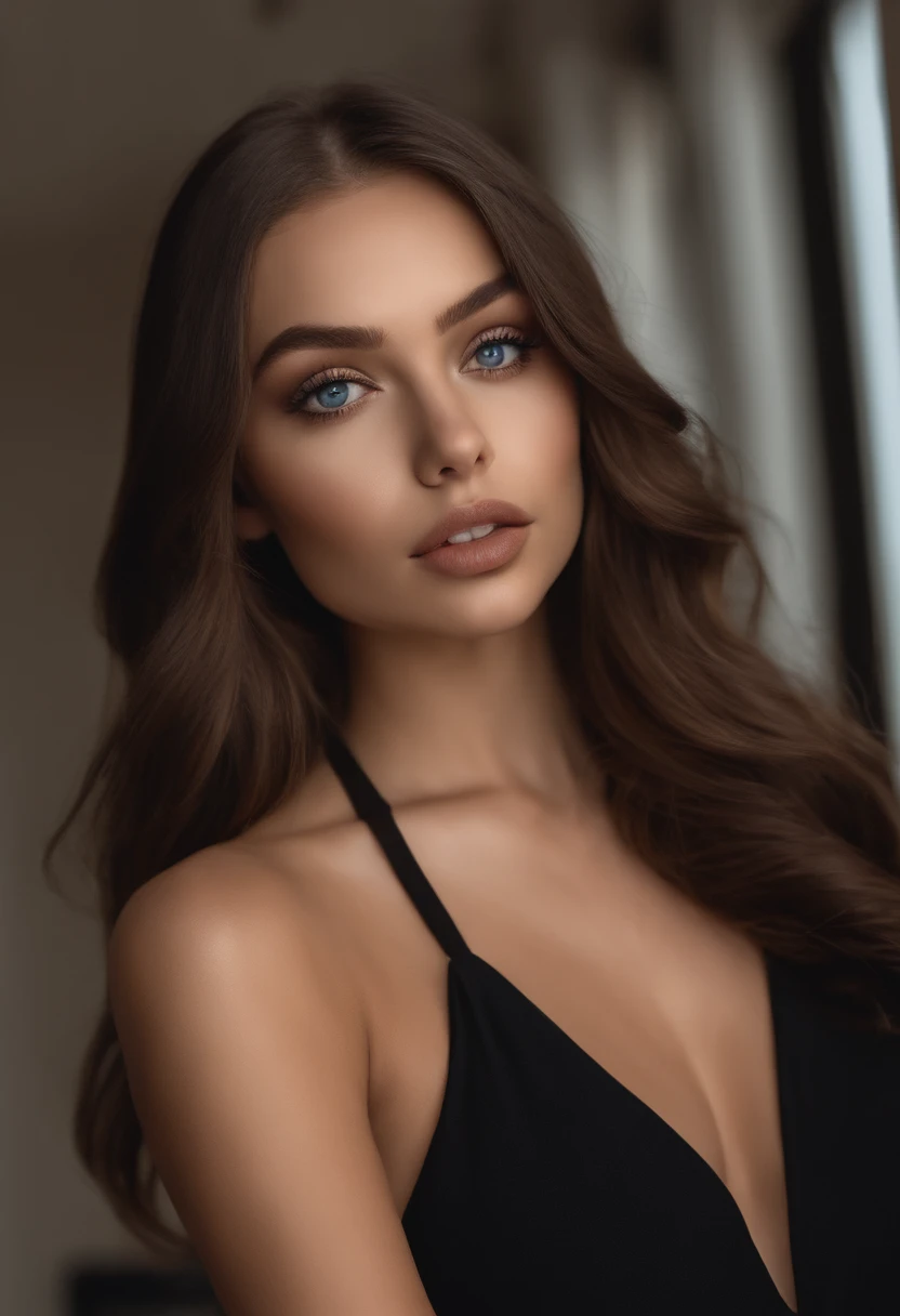 Latino and Swedish Woman, sexy girl with blue eyes, ultra realist, Meticulously detailed, Portrait Sophie Mudd, brown hair and big eyes, selfie of a young woman, high rise background, black suite, with makeup, natural makeup, looking straight at camera , Face with Artgram, Subtle makeup, Great photo of the whole body standing, in the room, Medium to large bust, in a sexy black outfit, standing on straight