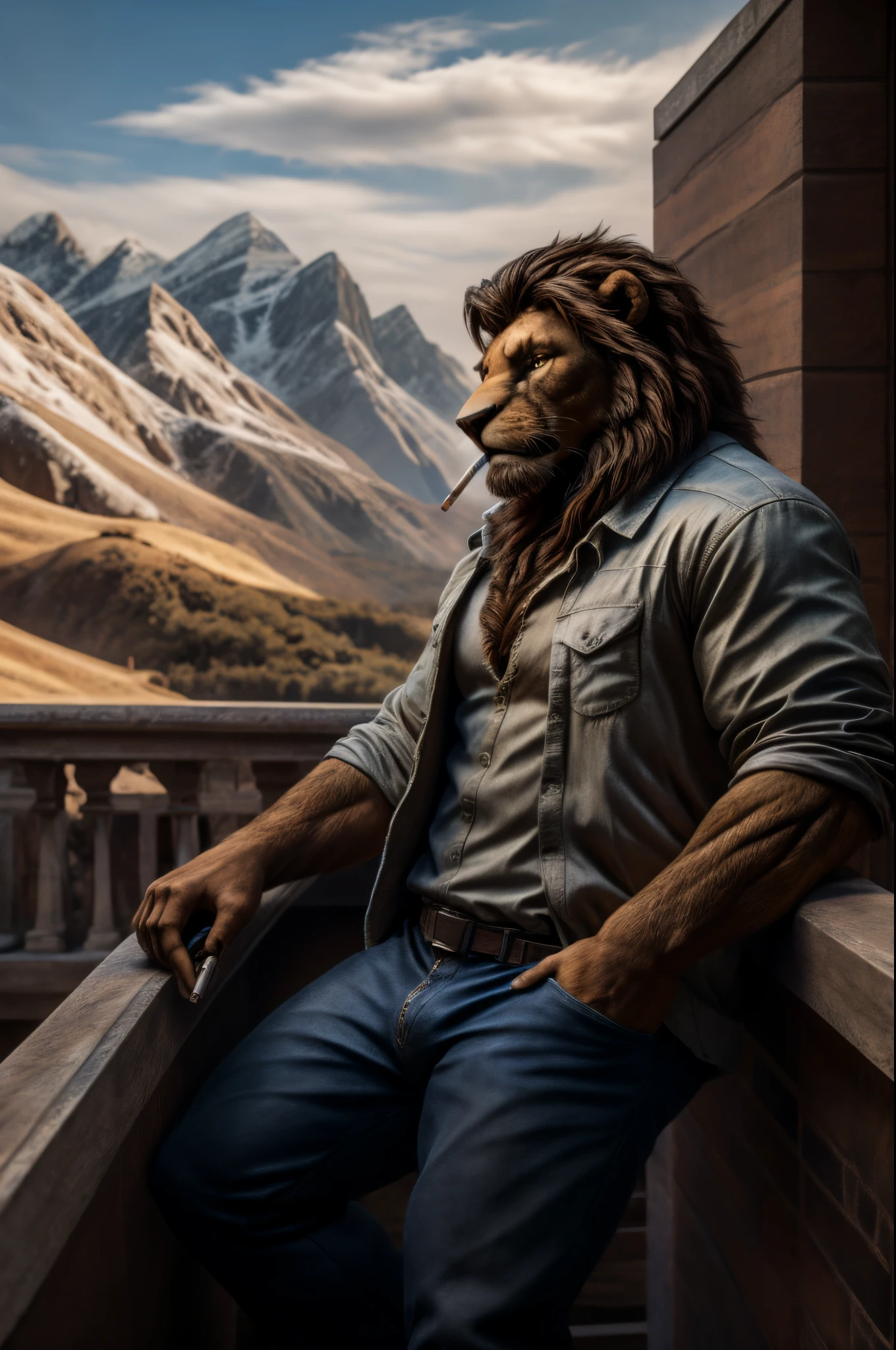 realistic photo scene 8k UHD ((ultra detailed masterpiece)), young handsome man, anthro lion, short dark-brown hair, moderately muscular, yellow eyes, beard, outdoor clothes, lighting a cigarette, leaning on a balcony, snowy mountains in the background