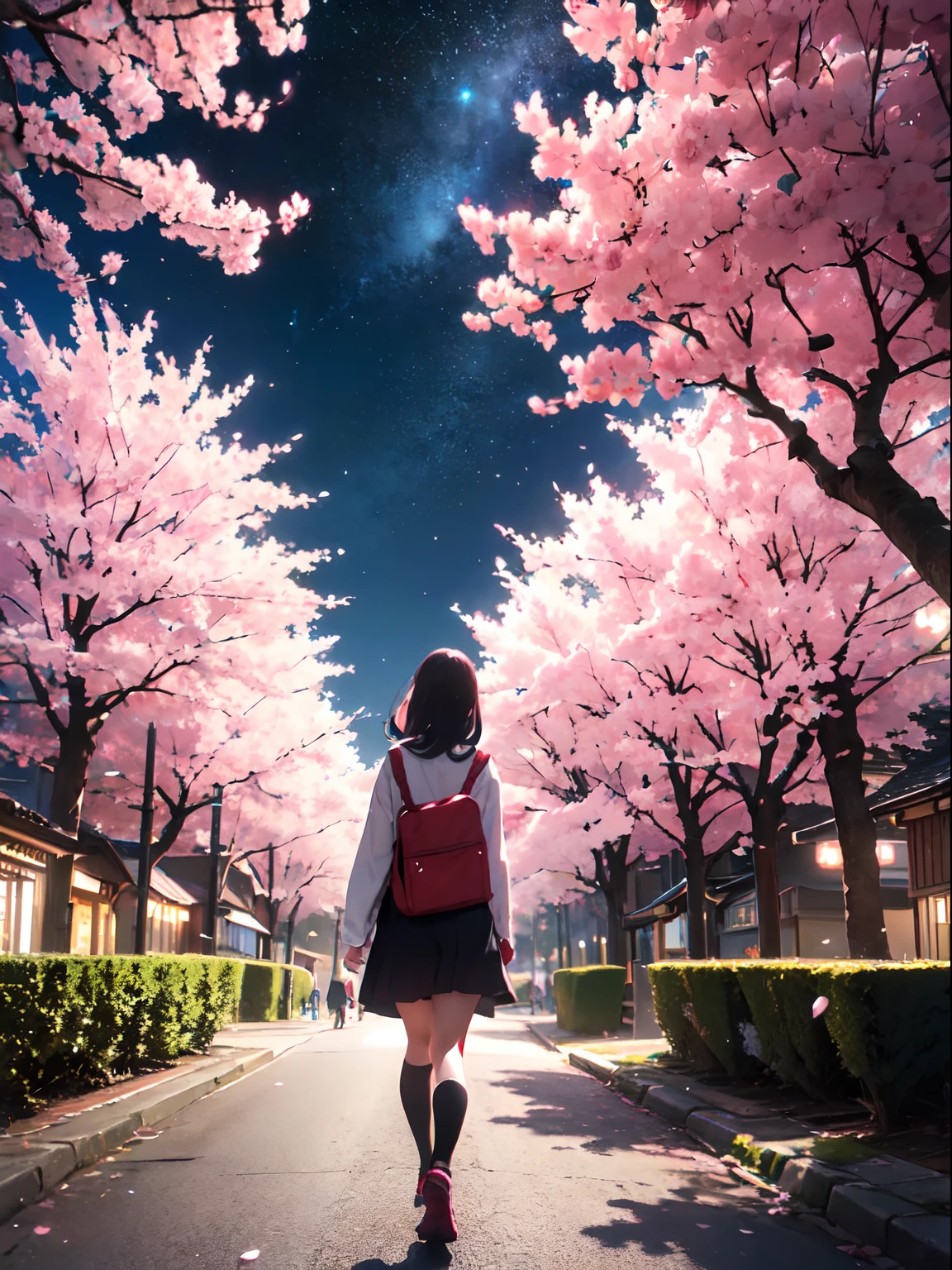 From behind, a girl stands inside a breath taking city landscape surrounded by a kaleidoscope of vibrant cherry blossom and enchanting cherry blossom trees, (walking on the a street full of cherry blossom:1.2),(sky scraper:0.6) ,The starlit sky above is illuminated by strange and colorful hues of lights, creating an ethereal atmosphere