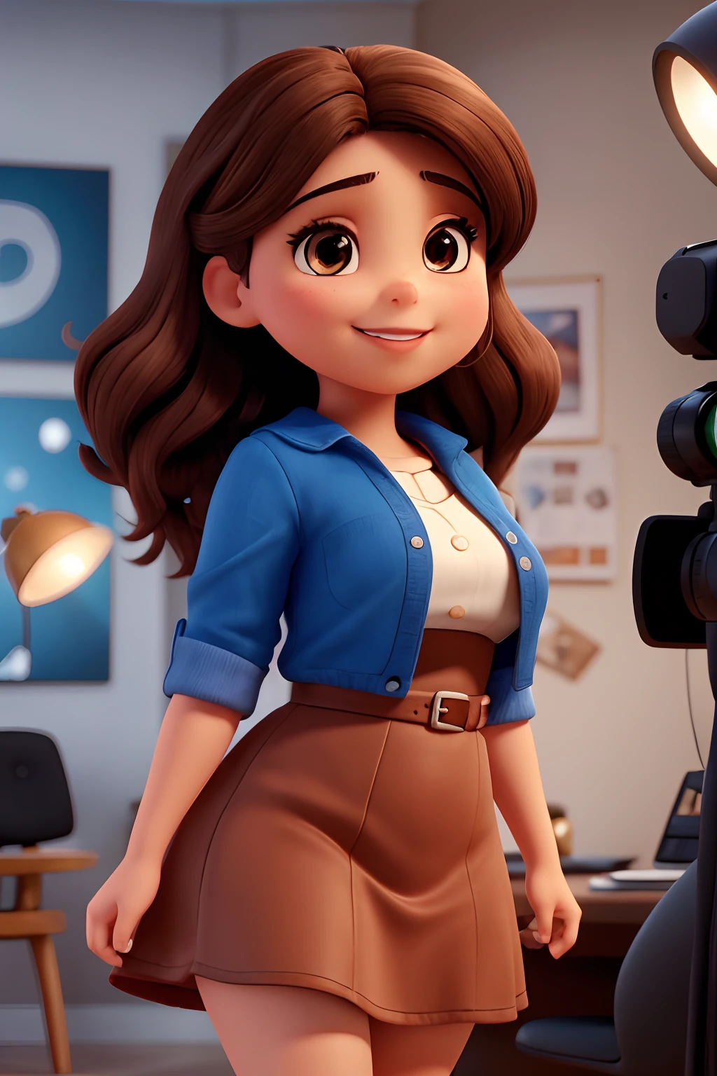 1 woman, straight brown hair parted to the side, black brown eyes, delicate face, thick, well-shaped lips with red lipstick and a beautiful smile, fair skin, a little overweight, wearing a blue dress that was full, put on in the background of the image an Ultra HD video recording studio |, master piece, best quality, Super Detail, ccurate