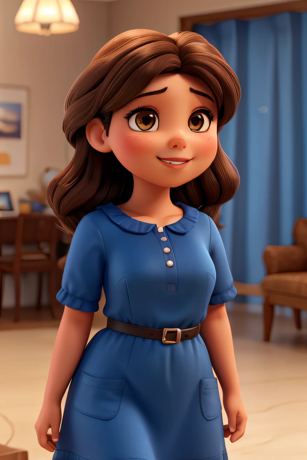 1 woman, straight brown hair parted to the side, black brown eyes, delicate face, thick, well-shaped lips with red lipstick and a beautiful smile, fair skin, a little overweight, wearing a blue dress that was full, put on in the background of the image an Ultra HD video recording studio |, master piece, best quality, Super Detail, ccurate
