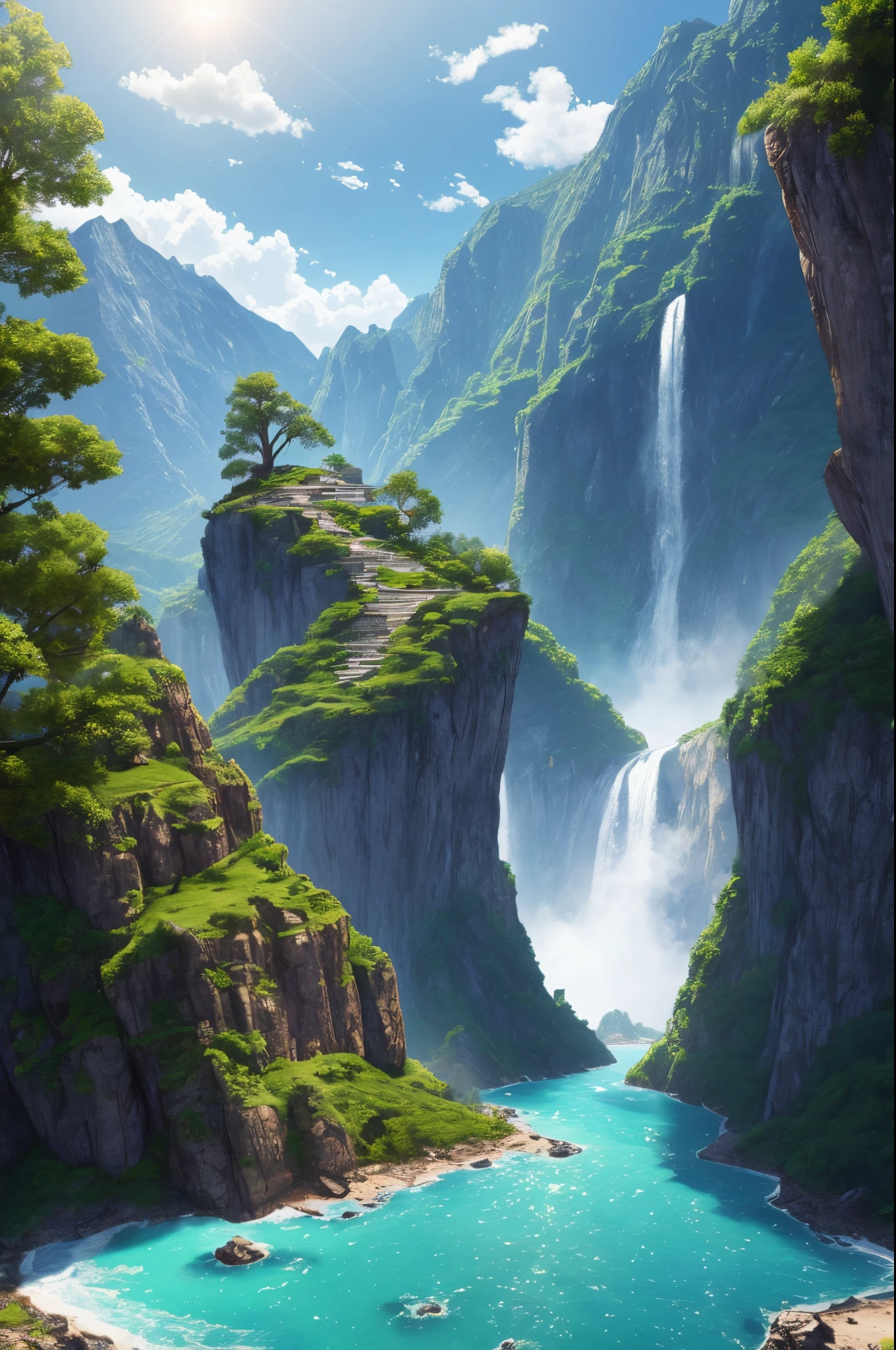 tree of world, masterpiece, best quality, high quality, extremely detailed CG unity 8k wallpaper, scenery, outdoors, sky, cloud, day, no humans, mountain, landscape, water, tree, blue sky, waterfall, cliff, nature, lake, river, cloudy sky,award winning photography, Bokeh, Depth of Field, HDR, bloom, Chromatic Aberration ,Photorealistic,extremely detailed, trending on artstation, trending on CGsociety, Intricate, High Detail, dramatic, art by midjourney
