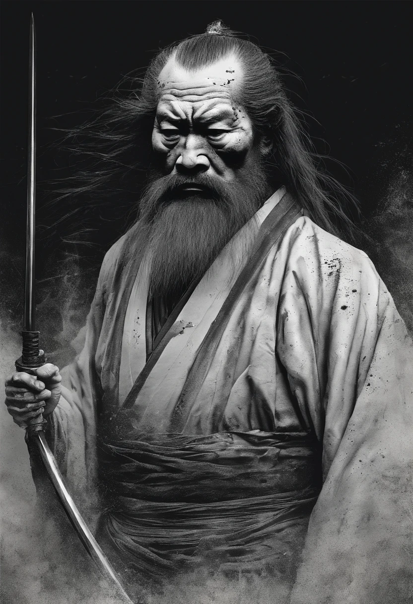 historique, un vieil homme, samurai,battered,bare-chested, Japanese Katana Sword, Cheveux longs et blancs, longue barbe blanche,samurai,papi, Burst,S' agenouilla,Seppuku tue
