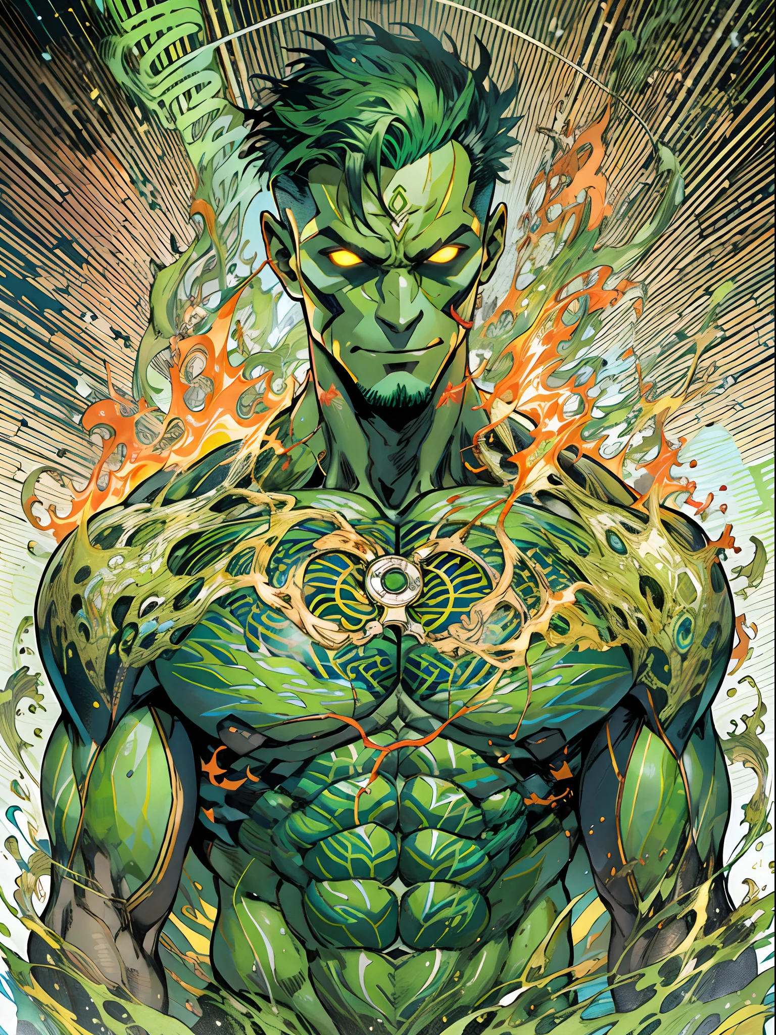 un primer plano de un hombre con fuego verde en la cabeza y torso, humano resplandeciente, Como se ilustra en Top Cow Comics, Brillando en poder, Sosteniendo fuego verde, Hoja de alma verde brillante,esqueleto,esqueleto humano,huesesos,deretirse,nuclear,(1hombre)