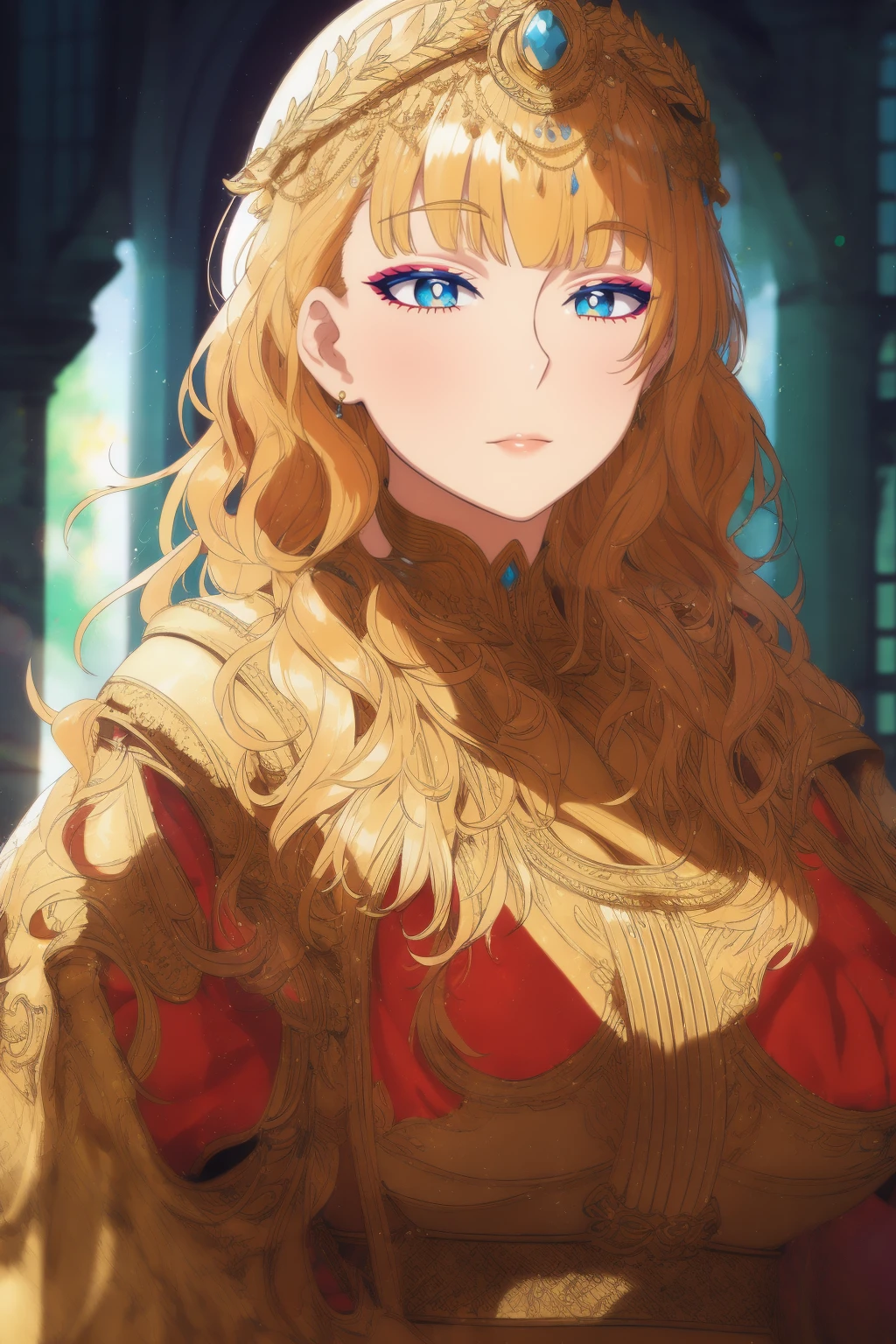 (best quality,4k,highres),detailed eyes,detailed lips,ultra-detailed face,wavy long hair,beautiful detailed eyes,beautiful detailed lips,extremely detailed eyes and face,longeyelashes,woman-medieval-cloths,priestess,curvy,tunic,galko,girl, solo,priestess outfit,gyaru style,dress,full body,woman,character portrait,portrait,studio lighting,,colorful,vivid colors,mysterious,soft lighting,bokeh,medieval theme,casual attire,confident expression, full body