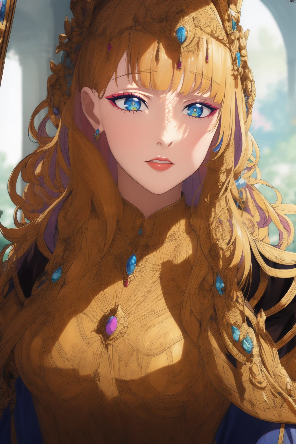 (best quality,4k,highres),detailed eyes,detailed lips,ultra-detailed face,wavy long hair,beautiful detailed eyes,beautiful detailed lips,extremely detailed eyes and face,longeyelashes,woman-medieval-cloths,priestess,curvy,tunic,galko,girl, solo,priestess outfit,gyaru style,dress,full body,woman,character portrait,portrait,studio lighting,,colorful,vivid colors,mysterious,soft lighting,bokeh,medieval theme,casual attire,confident expression, full body