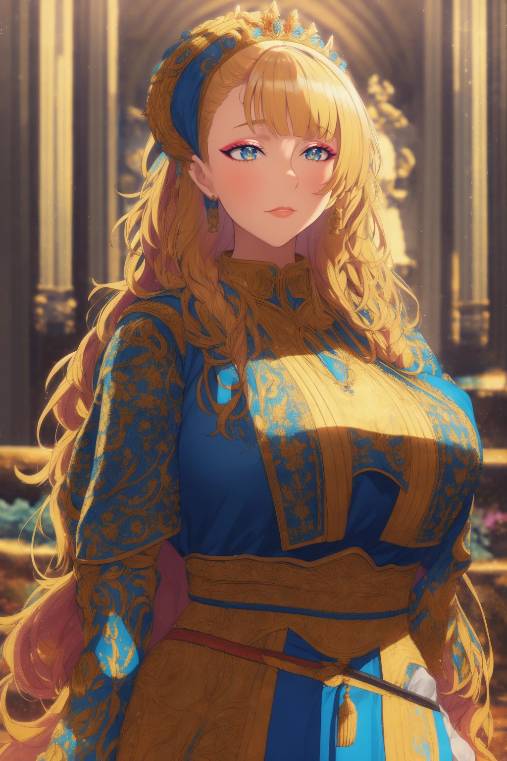 (best quality,4k,highres),detailed eyes,detailed lips,ultra-detailed face,wavy long hair,beautiful detailed eyes,beautiful detailed lips,extremely detailed eyes and face,longeyelashes,woman-medieval-cloths,priestess,curvy,tunic,galko,girl, solo,priestess outfit,gyaru style,dress,full body,woman,character portrait,portrait,studio lighting,,colorful,vivid colors,mysterious,soft lighting,bokeh,medieval theme,casual attire,confident expression, full body