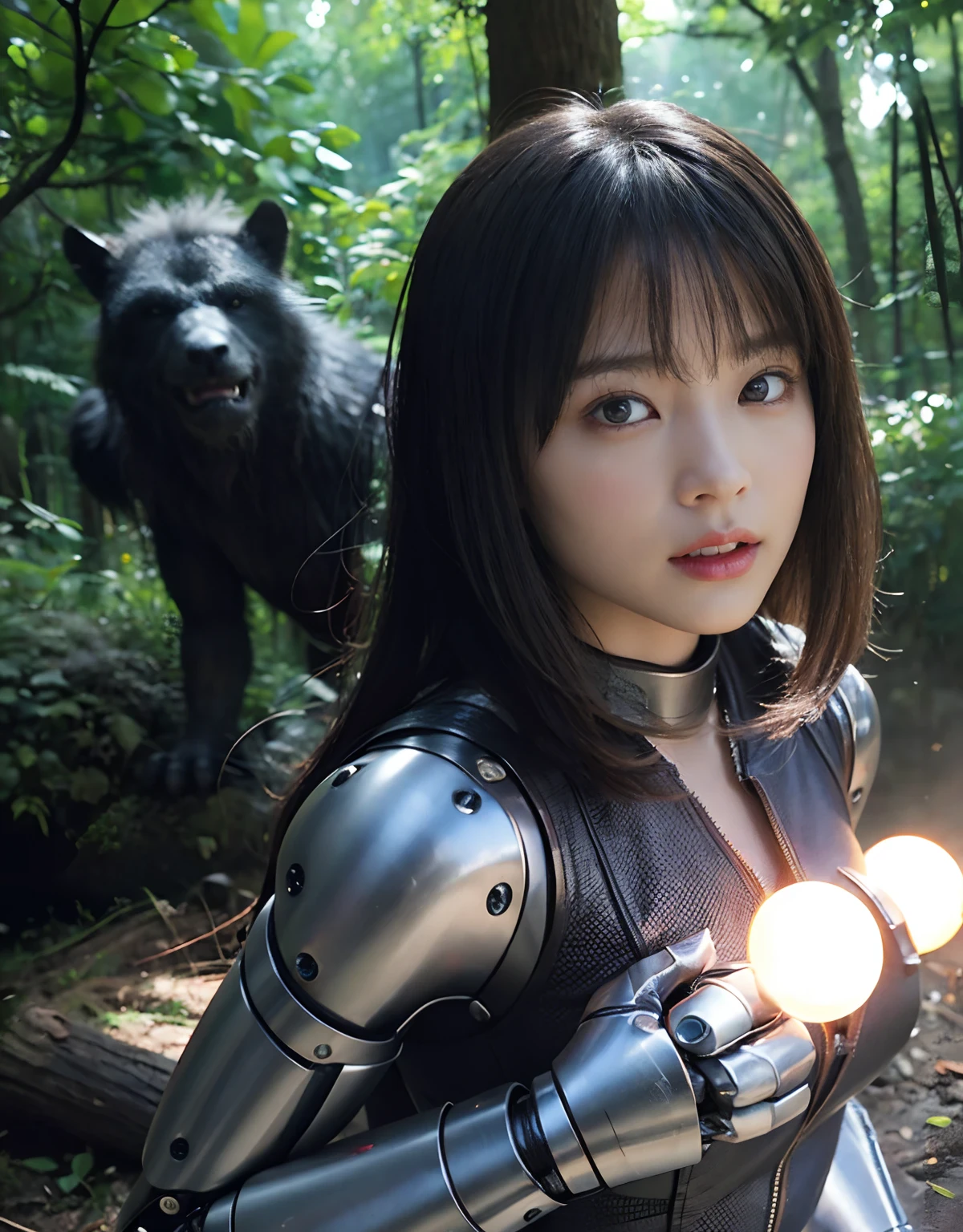 (1 Mechanical Girl)、top-quality、masterpiece、超A high resolution、(Photorealsitic:1.4)、Raw photo、1人、Fight mutants、glowy skin、(((1 Mechanical Girl)))、With a beautiful knife、(Green Metal Bodysuit)、(Kobold、ogre、Fierce battle with orcs),(Fight fiercely against aliens)、Fight fiercely、(beautiful forest background)、(Fighting Demonic Beasts)、(Small LED)、((super realistic details))、portlate、(Strong giant demon beast background),globalillumination、Shadow、octan render、8K、ultrasharp、Colossal tits、Raw skin is exposed in cleavage、metals、Details of complex ornaments、Japan details、highly intricate detail、Realistic light、(Mystical expression),CGSoation Trends、Blue eyes、radiant eyes、Facing the camera、neon details、(Mechanical limbs)、(blood vessels connected to tubes)、Mechanical vertebrae attached to the back、mechanical cervical attaching to neck、(Wires and cables connecting to the head)、Gundam、Small LED、,Mechanical thighs、Toostock、(Hands are also made of machines)、(Attack of the Monster Beasts)、(Wounded in a deadly battle)、