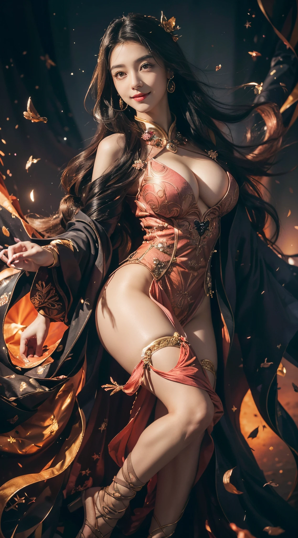(Numerous award-winning masterpieces, with incredible details), ((Extremely beautifull young girl's small face)), (extremely detailed realistic 16 yearsatures), (16 years girl's faceiful eyes), ((finely detailed true circle Symmetrical grey purple eyes)), (She has a joyfulc face), (A majestic sight), (very long dark black hair that faids to dark orange: 1.6), (dark pink fantasy celestial outfit: 1.7), gracefull sight, golden decorations, dark pink hair accesory, a big smile, a smile, soft expression, soft smile