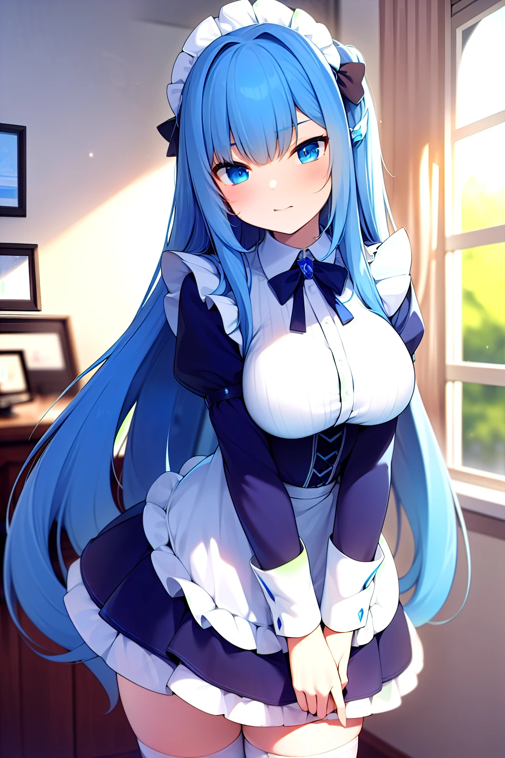 (tmasterpiece:1.4), (Best quality at best:1.4), The is very detailed, iintricate, ultra - detailed, illustratio,gentlesoftlighting, Scenic one, 1个Giant Breast Girl,blue long hair，blue colored eyes，Colorful, Colorful, Translucent fluid flowing from the_more than ,the maid outfit , aerodrome，Indoors