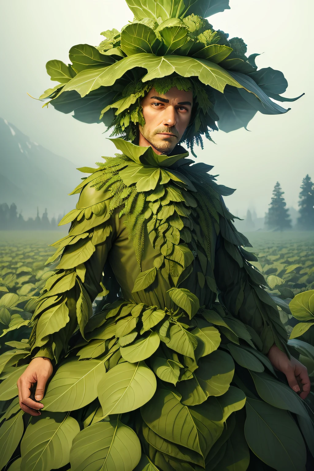 Visualize a man completely clad in cabbage leaves, creating a surreal and whimsical image of a human vegetable fusion