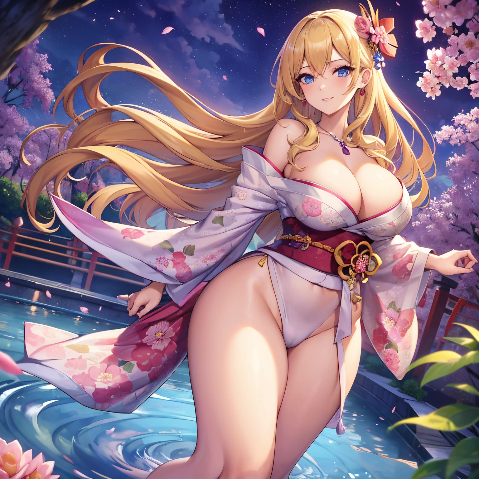 Masterpiece, Best Quality, (((Solo mature woman))), (((long blonde hair))), (((wide hips))), (((beautiful blue eyes))), full lips, seductive smile, large chest, curvy, sexy, ((standing in japanese pond)) (((wearing pink with white floral kimono))), [Janet], [Alice], (((solo))), (((alone))), ((huge boobs)), (cleavage), crystal ball, bare legs, messy hair, curly hair, bracelets, earrings, necklace, geisha makeup, horizon, purple sunset