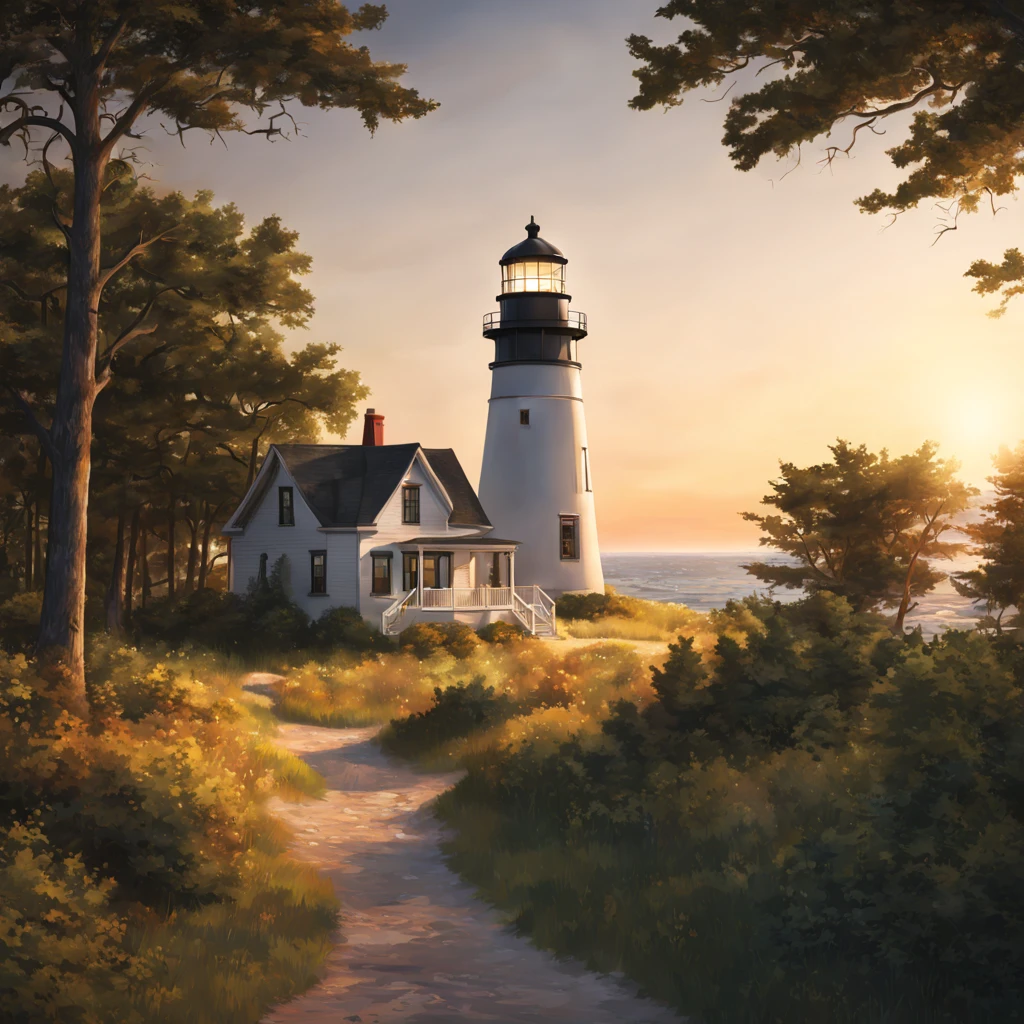 lighthouse on a cape in a small township in the northern united states, modern days, summer, warm sunset, soft light of the evening sun, setting sun, sea, trees, realistic, cinematic, soft colors, ultra quality, hyper realistic, super detailed