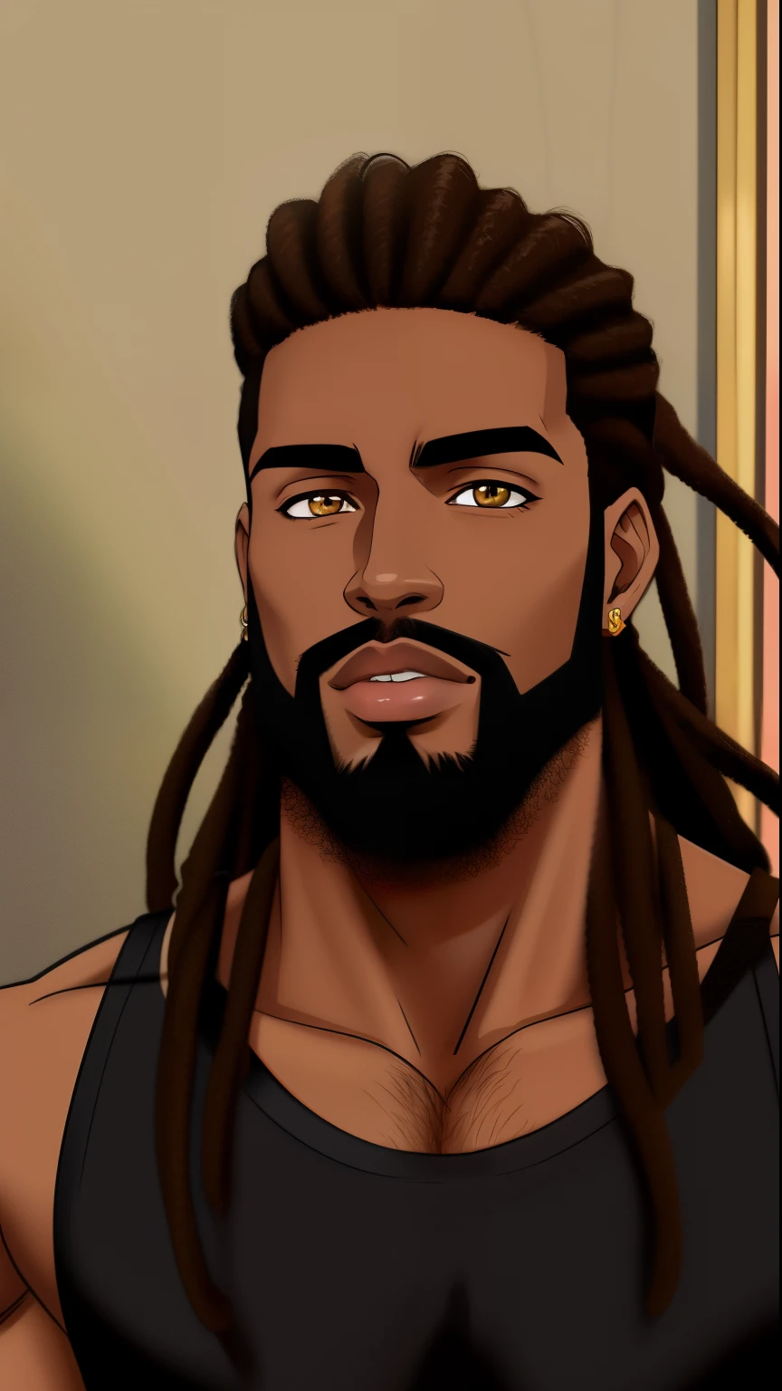 there is a black man with dreads and a beard with a black shirt, portrait, gold eye color. anime style. very dark espresso color skin. wide nose, big lips