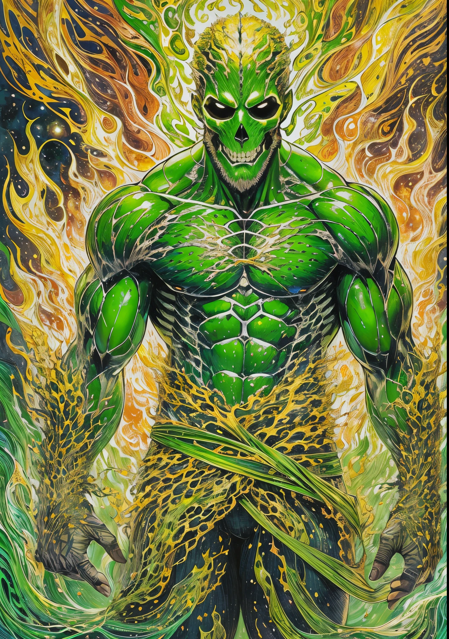un primer plano de un hombre con fuego verde en la cabeza y torso, humano resplandeciente, Como se ilustra en Top Cow Comics, Brillando en poder, Sosteniendo fuego verde, Hoja de alma verde brillante,esqueleto,esqueleto humano,huesesos,deretirse,nuclear,(fuego verde),hueso