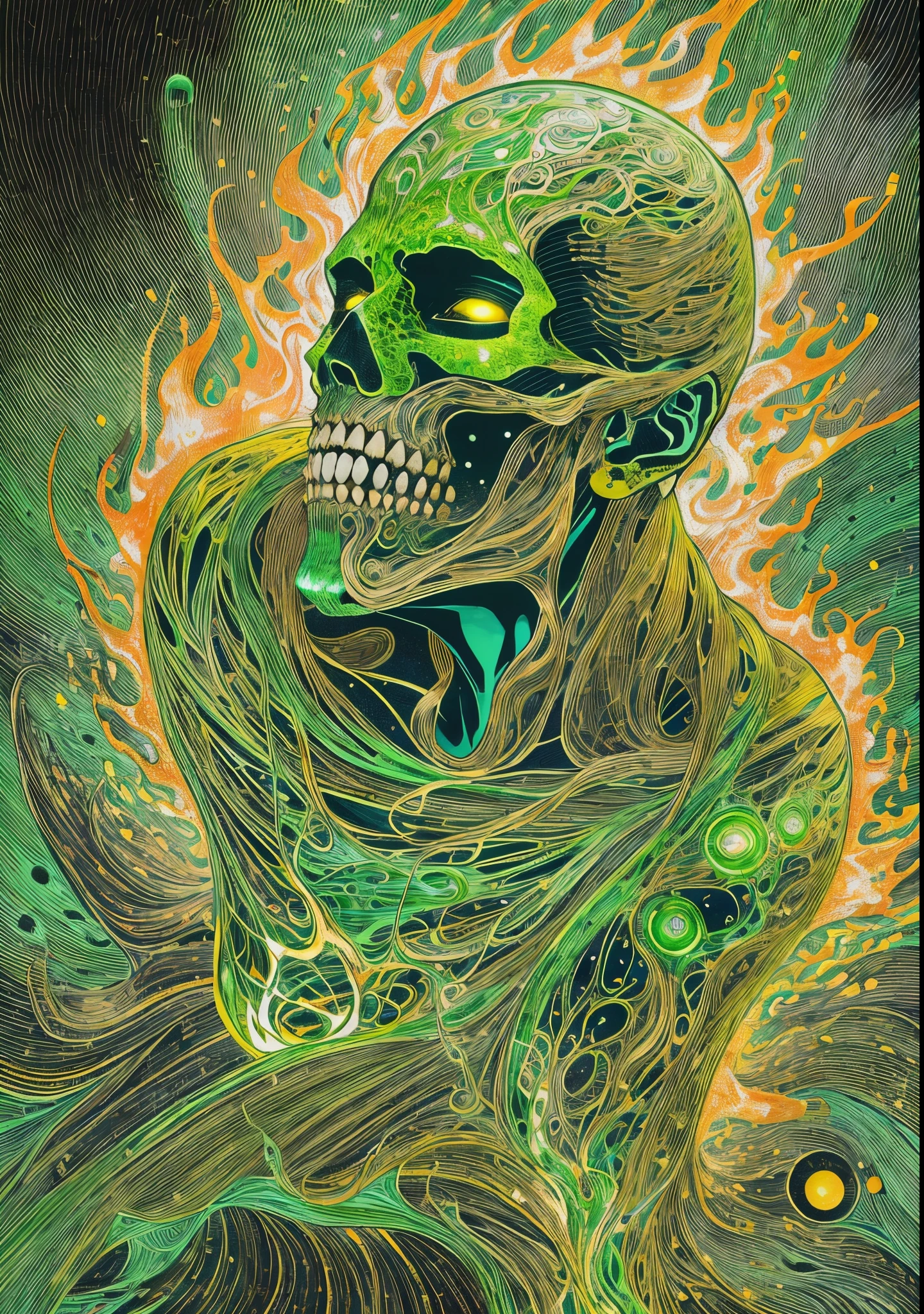 un primer plano de un hombre con fuego verde en la cabeza y torso, humano resplandeciente, Como se ilustra en Top Cow Comics, Brillando en poder, Sosteniendo fuego verde, Hoja de alma verde brillante,esqueleto,esqueleto humano,huesesos,deretirse,nuclear,(fuego verde),hueso