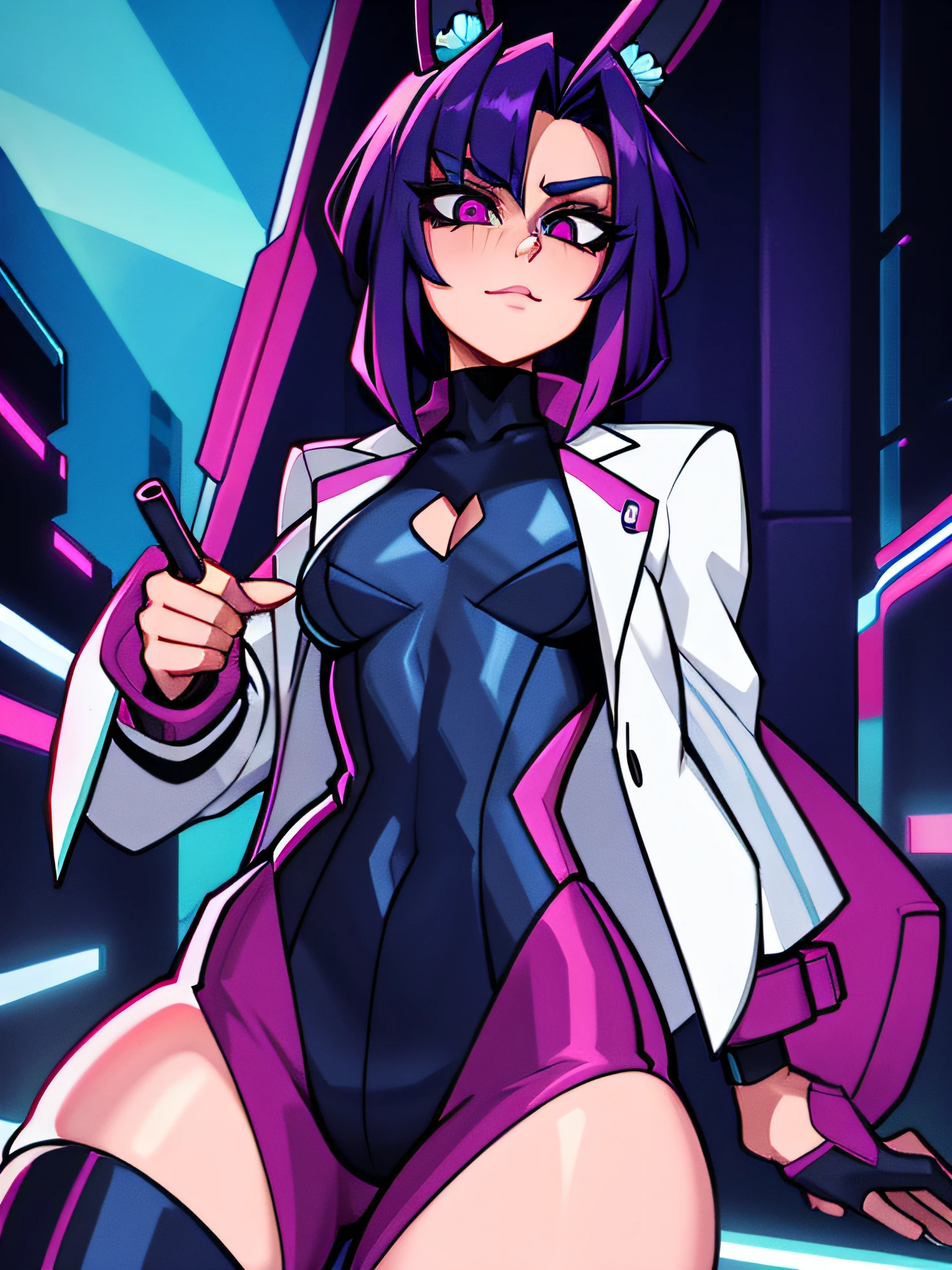 cyberpunk bunny girl com uma jaqueta de couro e orelhas de coelho roxo, franja roxa cabelo comprido, corpo inteiro, dinamico, action