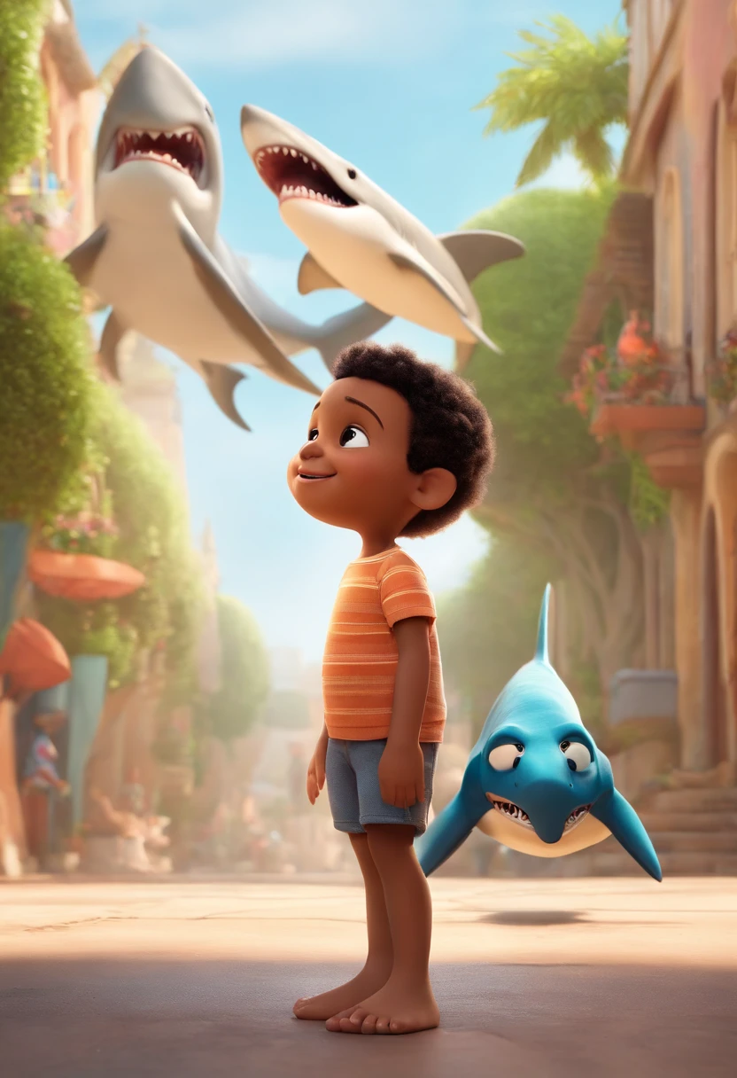 a happy cute ??? standing short hair, de pele branca, next to the NETFLIX shark character, vestindo uma fantasia espacial, , fundo branco, barnet, toon, estilo pixar, 3d, desenhos animados, rosto detalhado, asymmetrical 16k
